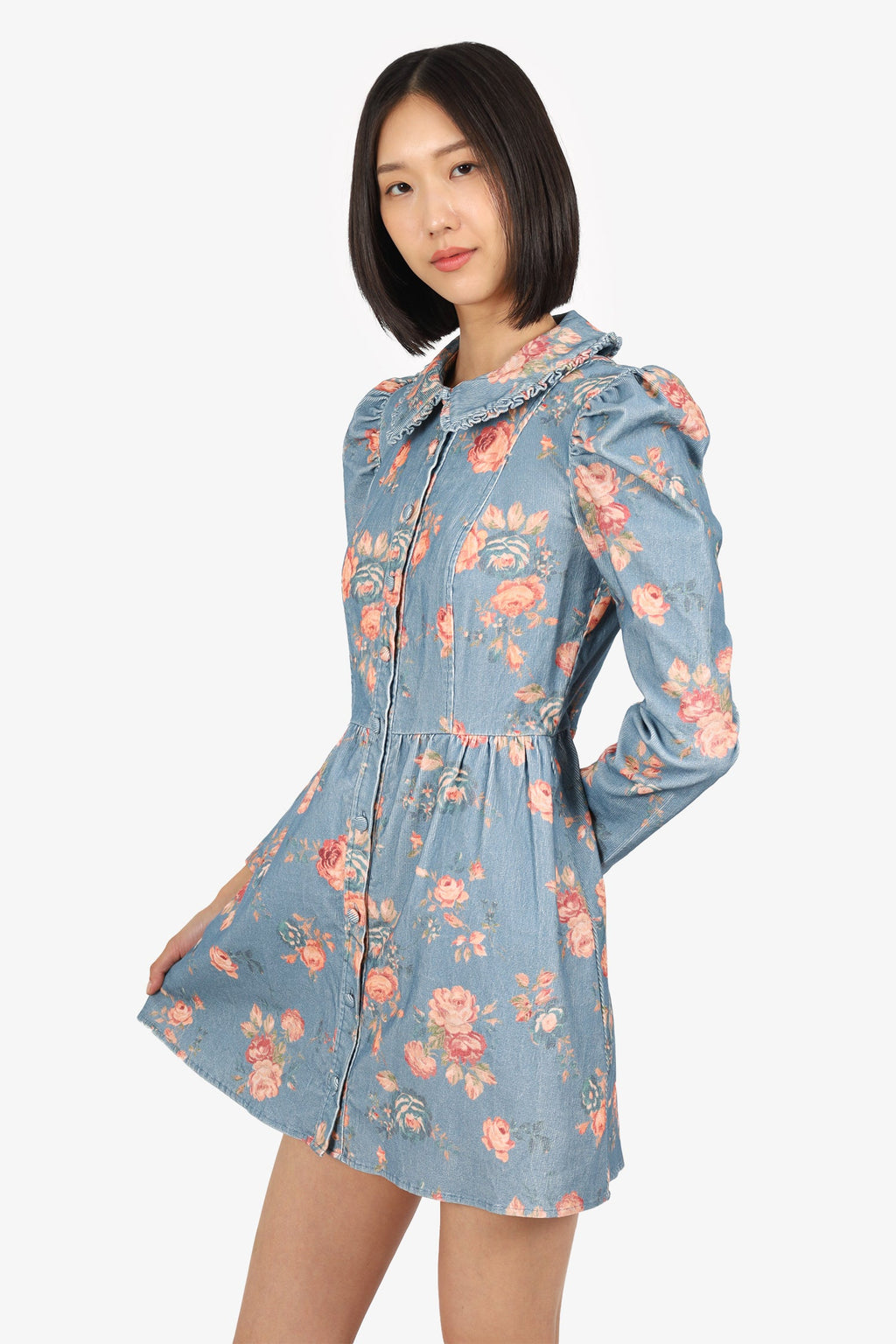 Love Shack Fancy Blue/Pink Floral Corduroy Long Sleeve Button Up Mini Dress Size 4