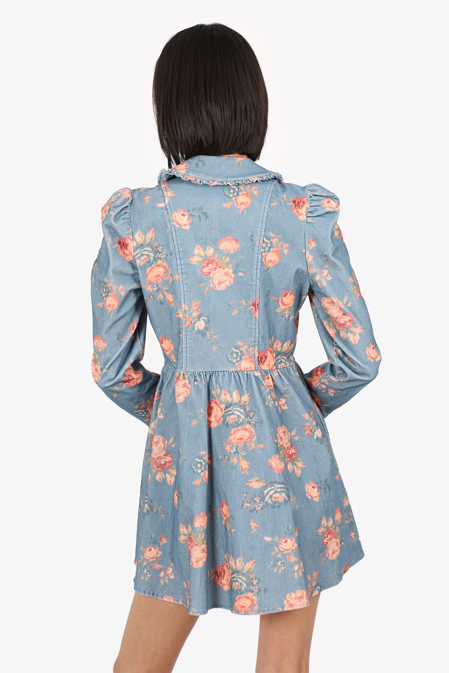 Love Shack Fancy Blue/Pink Floral Corduroy Long Sleeve Button Up Mini Dress Size 4