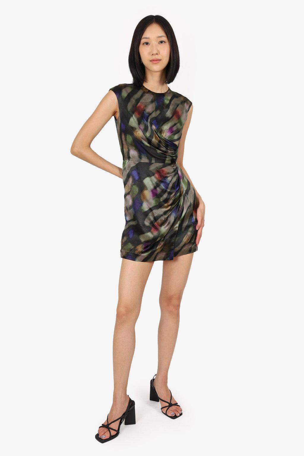 Etro Green/Purple Printed Sleeveless Ruched Shift Dress Size 38