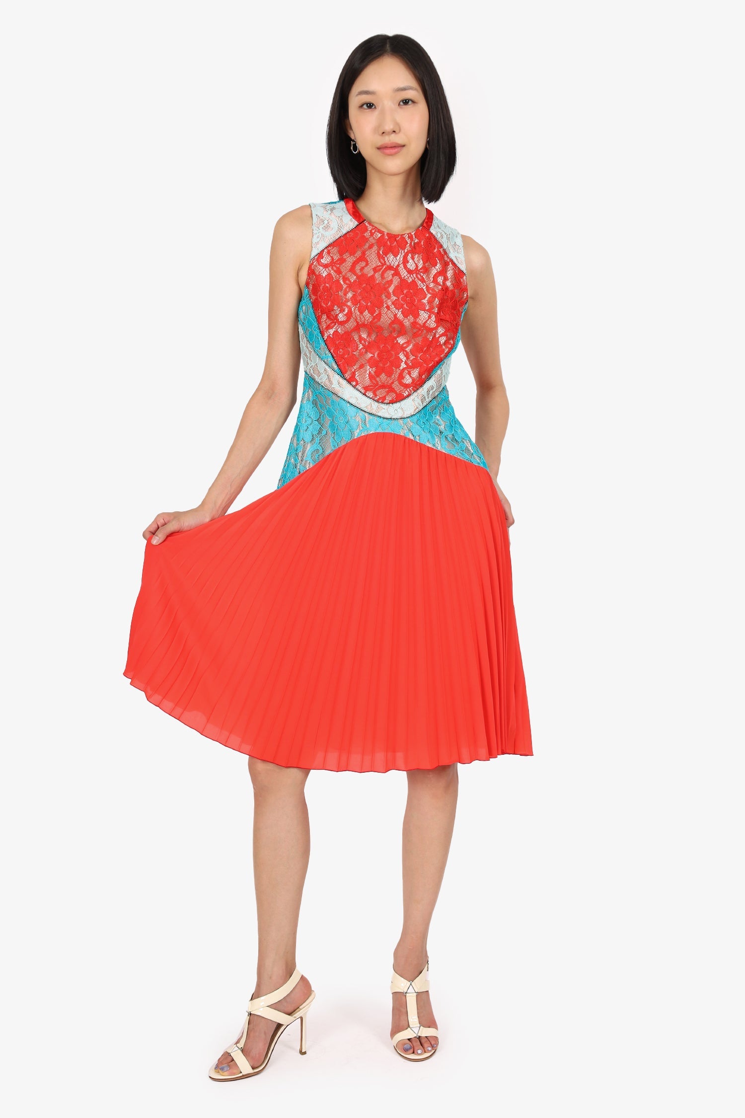 Christopher Kane Orange/Blue Lace Pleated Sleeveless Midi Dress Size 4