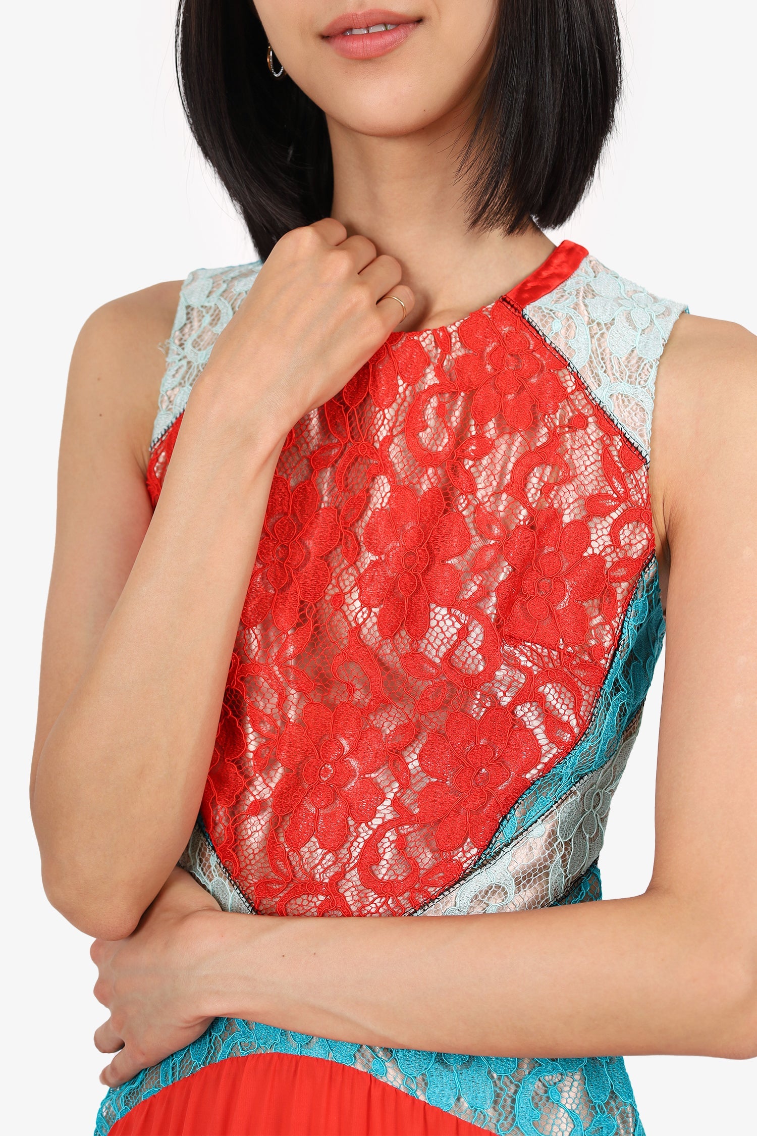 Christopher Kane Orange/Blue Lace Pleated Sleeveless Midi Dress Size 4