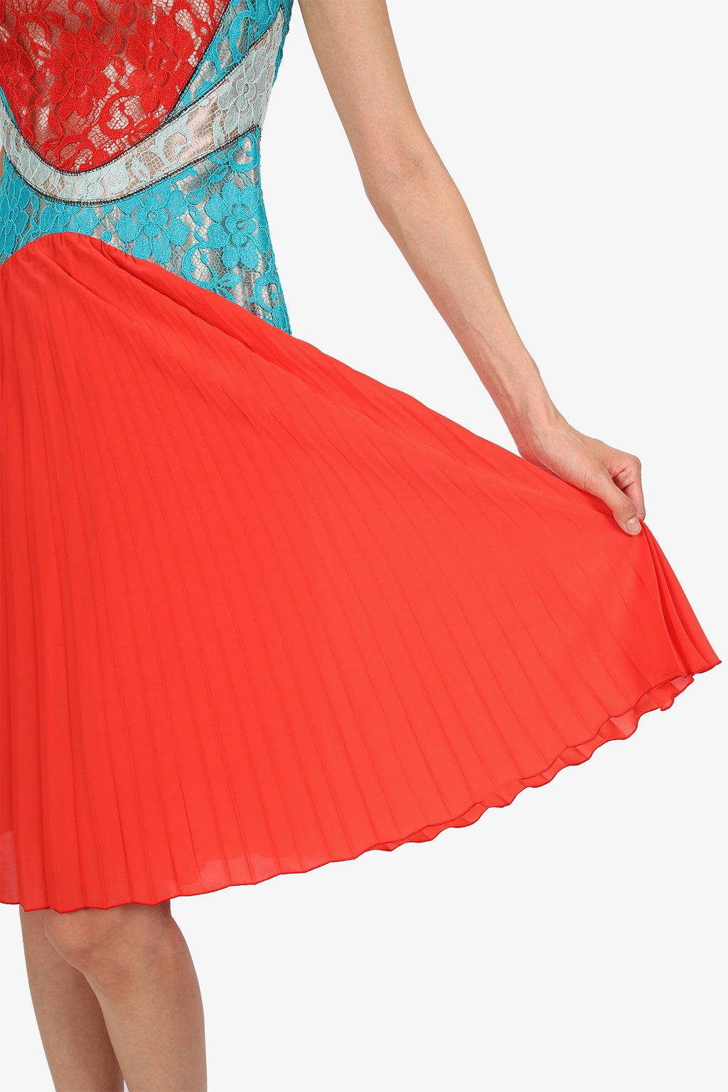 Christopher Kane Orange/Blue Lace Pleated Sleeveless Midi Dress Size 4