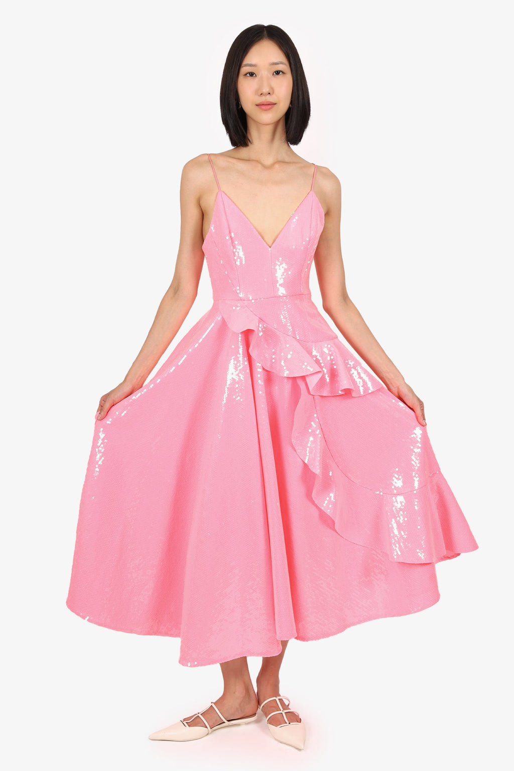 Alex Perry Pink Sequin Ruffled Midi Dress Size 8