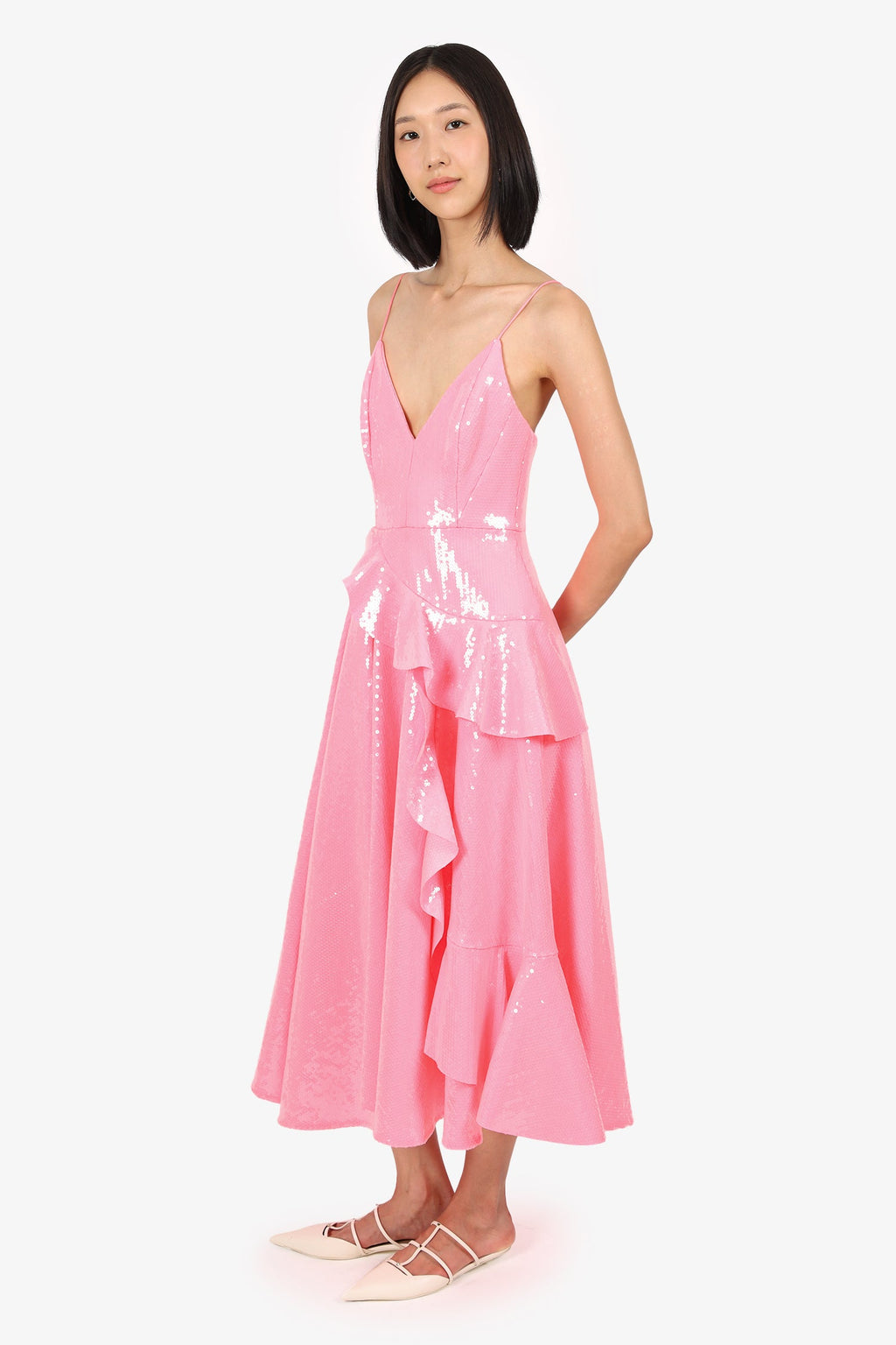 Alex Perry Pink Sequin Ruffled Midi Dress Size 8