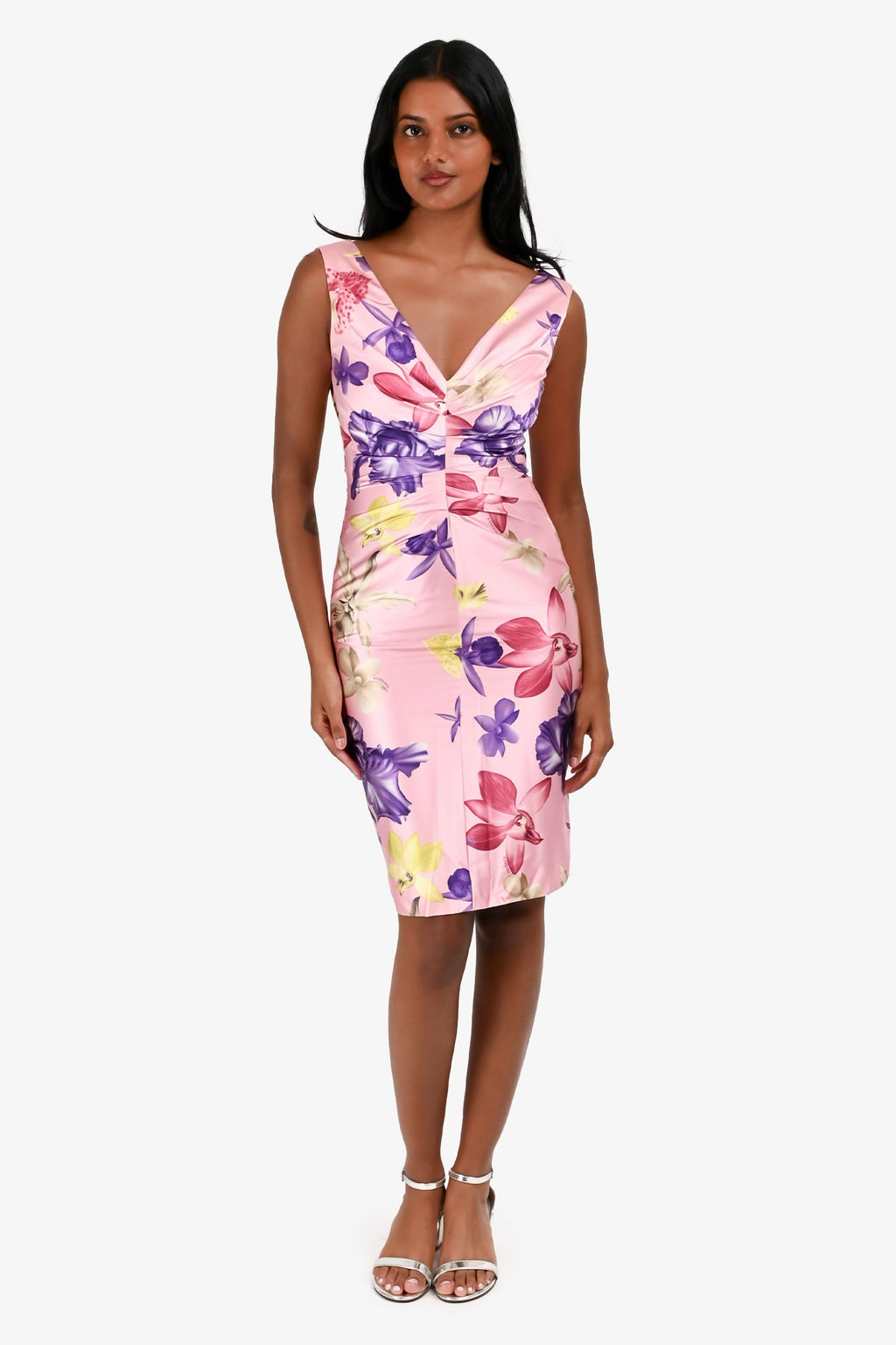 Versace Pink Silk Floral Printed V Neck Dress Size 38