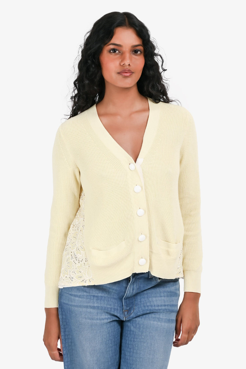 Sacai Luck Yellow/White Ribbed Knit Lace Back igan Size 2