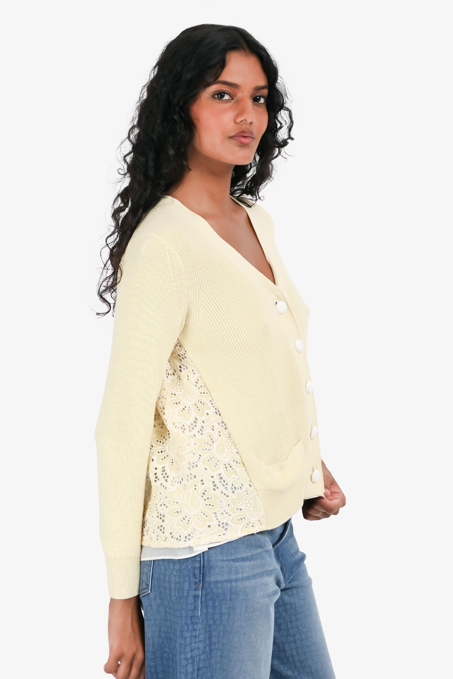 Sacai Luck Yellow/White Ribbed Knit Lace Back igan Size 2