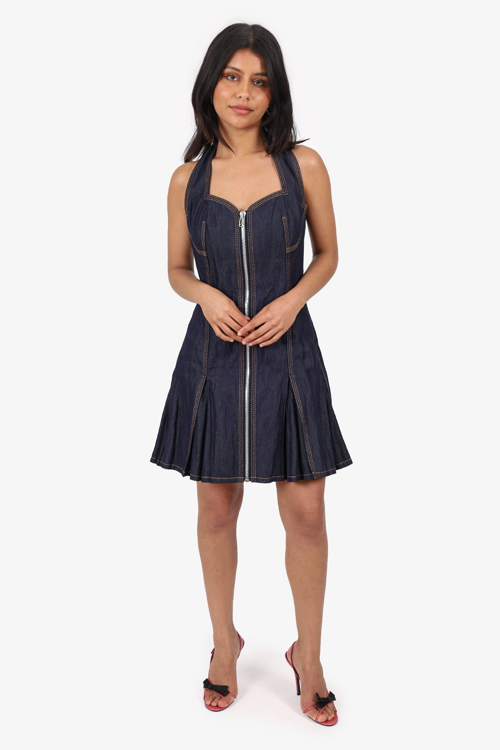 Bottega Veneta Navy Denim Zip-up Halter Neck Mini Dress Size 38