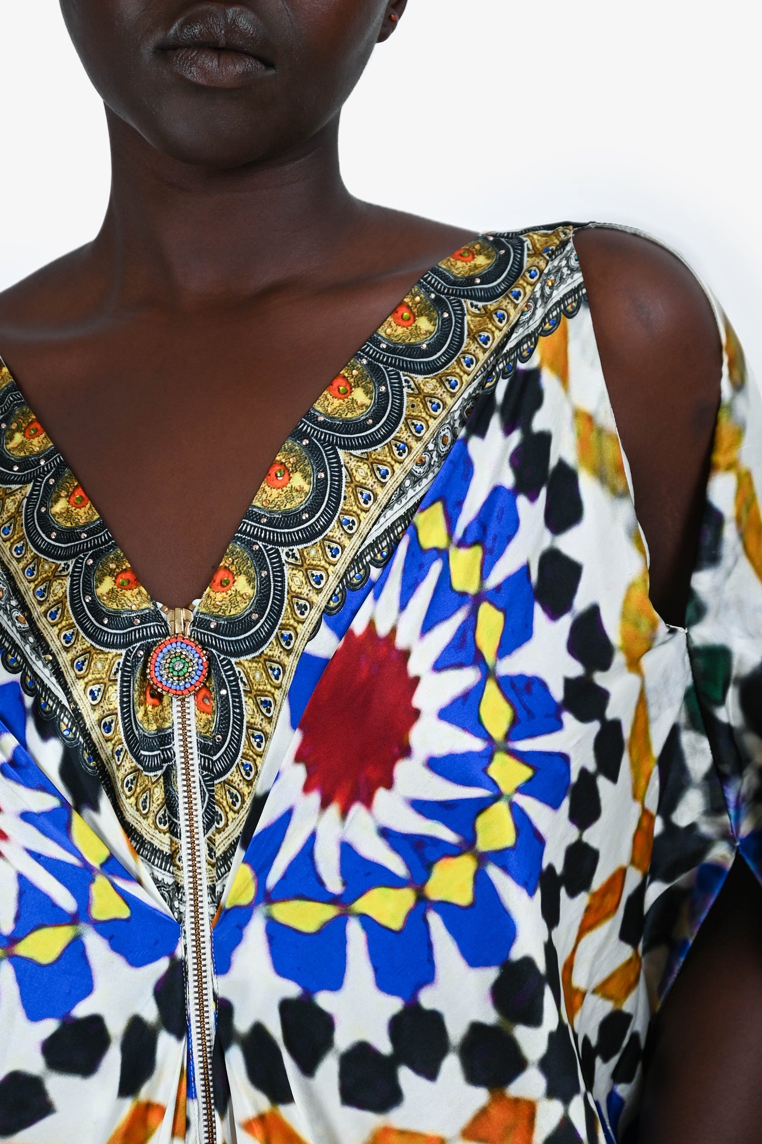 Camilla Multicoloured Silk Printed Cold Shoulder Gown