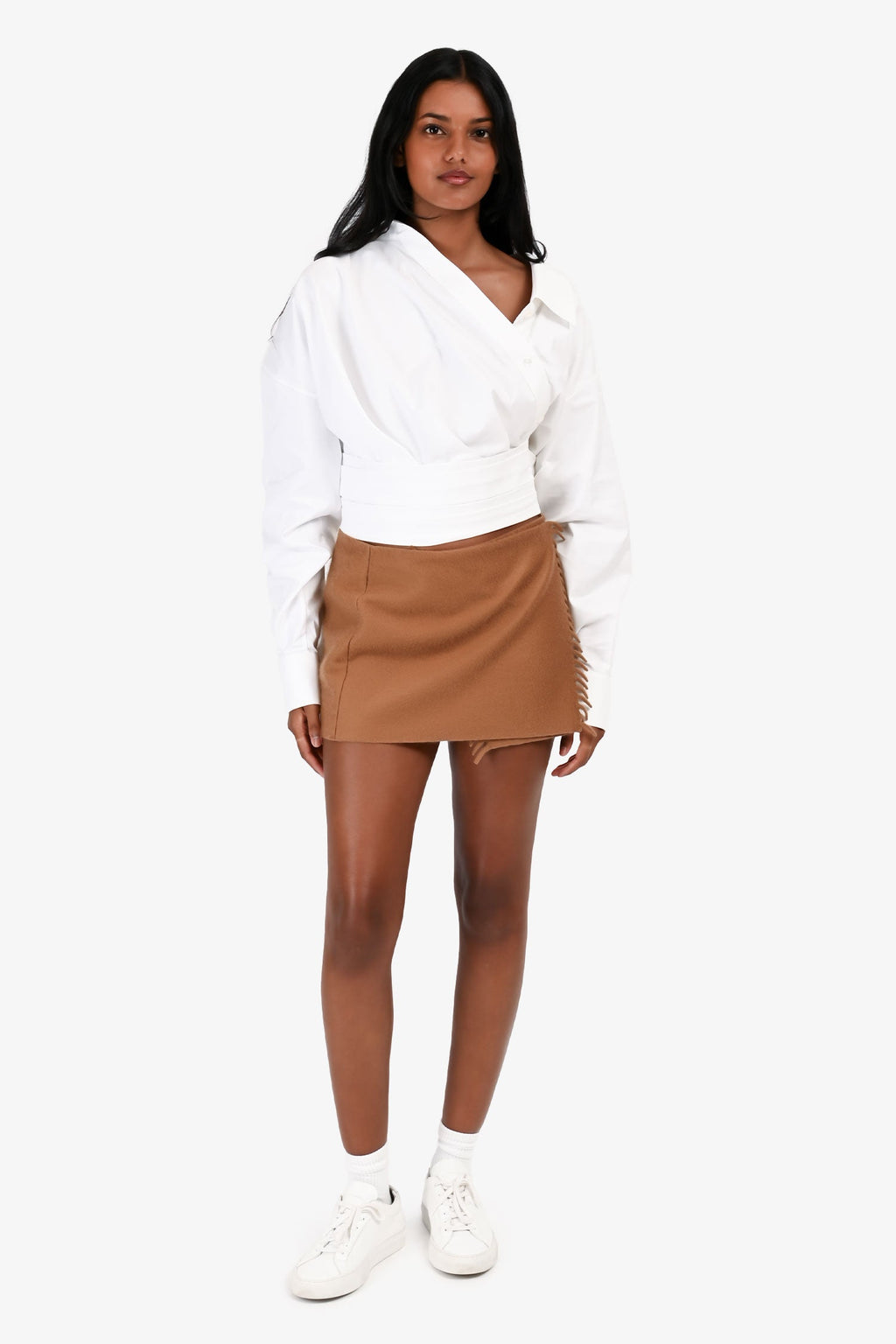Prada 2023 Brown Cashmere Fringe Scarf Mini Skirt Size 38