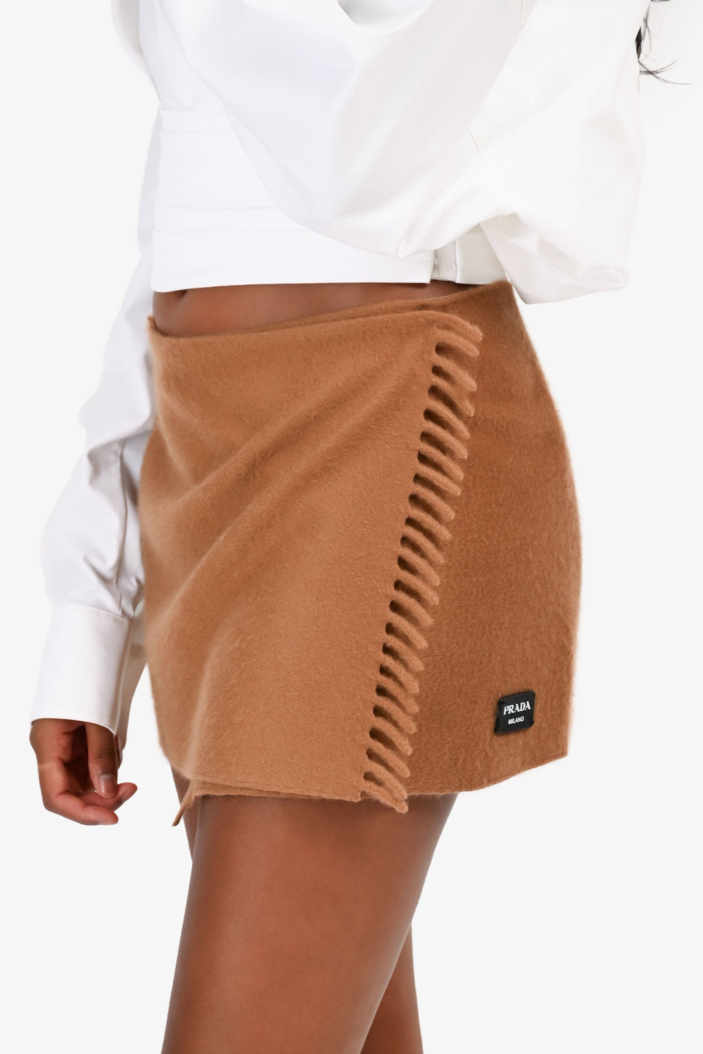 Prada 2023 Brown Cashmere Fringe Scarf Mini Skirt Size 38