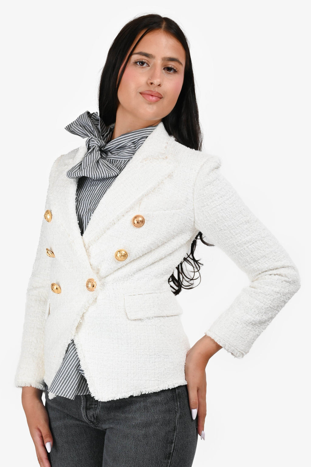 Balmain White Cotton Blend Tweed Double Breasted Blazer Size 38
