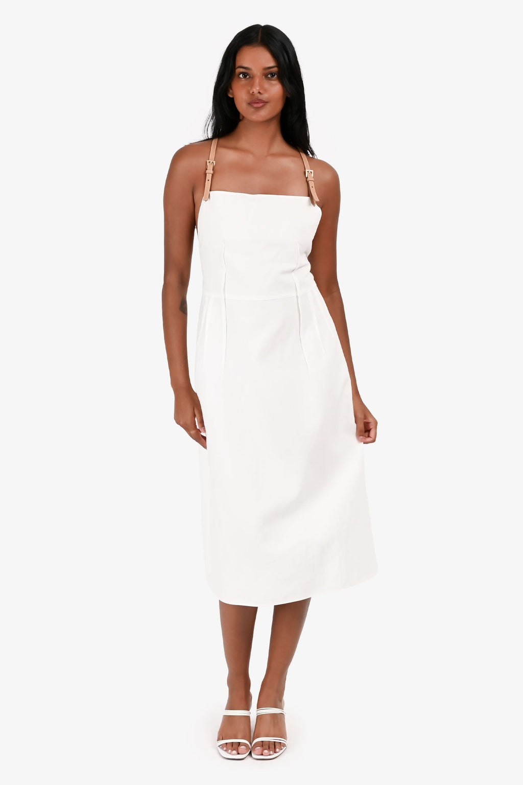 Prada 2023 White Linen/Cotton Brown Leather Strap Midi Dress Size 38