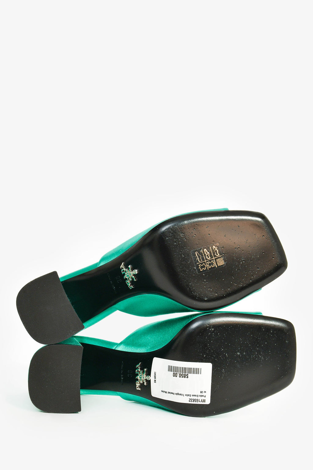Prada Green Satin Triangle Heeled Mules Size 38