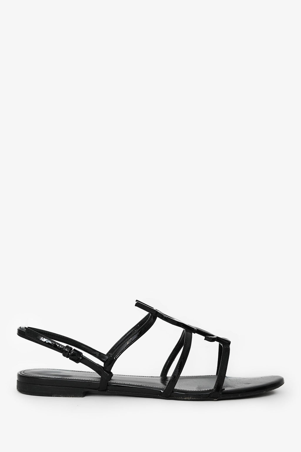 Saint Laurent Black Patent Cassandra YSL Flat Sandals Size 37.5 (As Is)