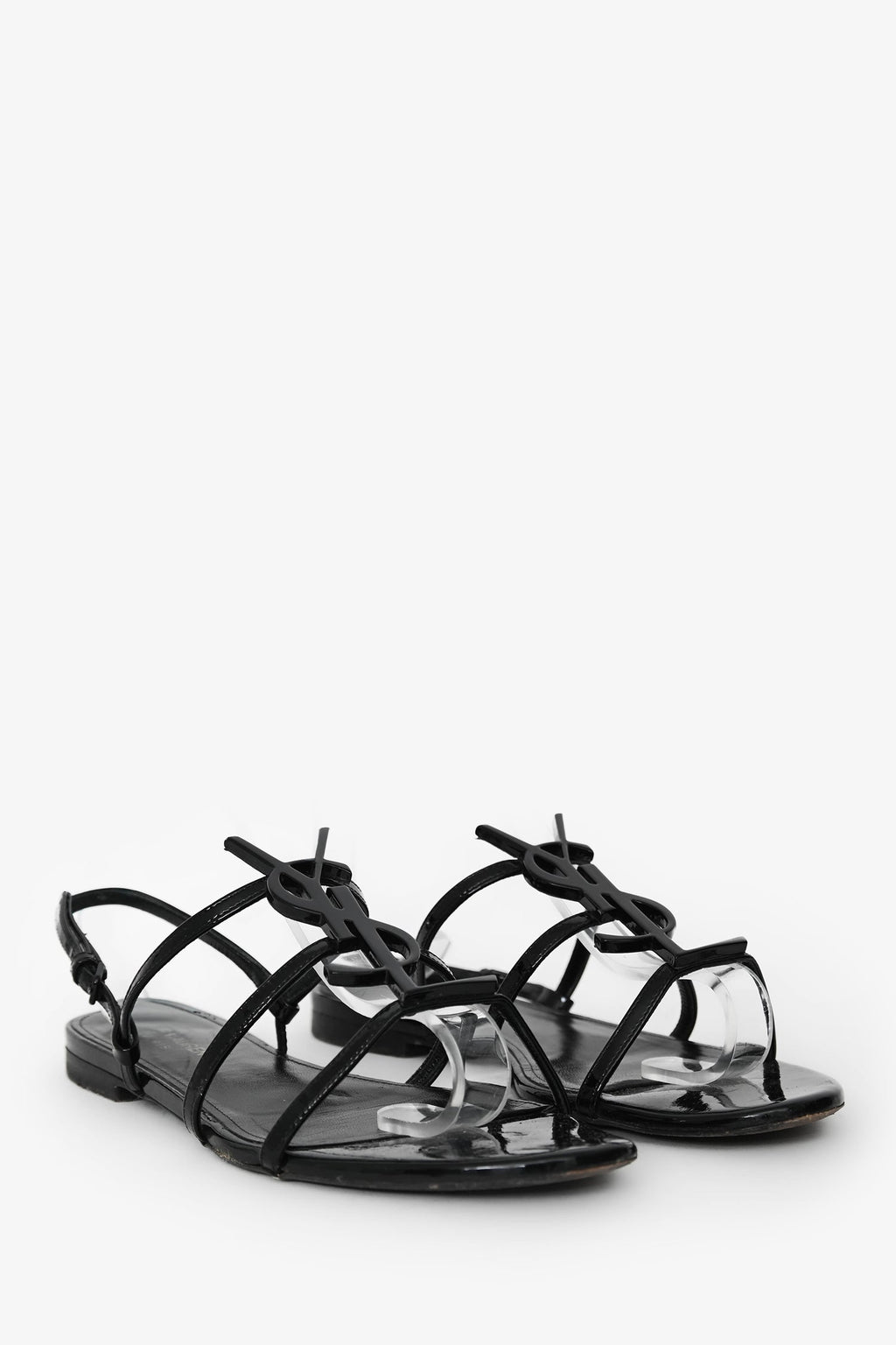 Saint Laurent Black Patent Cassandra YSL Flat Sandals Size 37.5 (As Is)