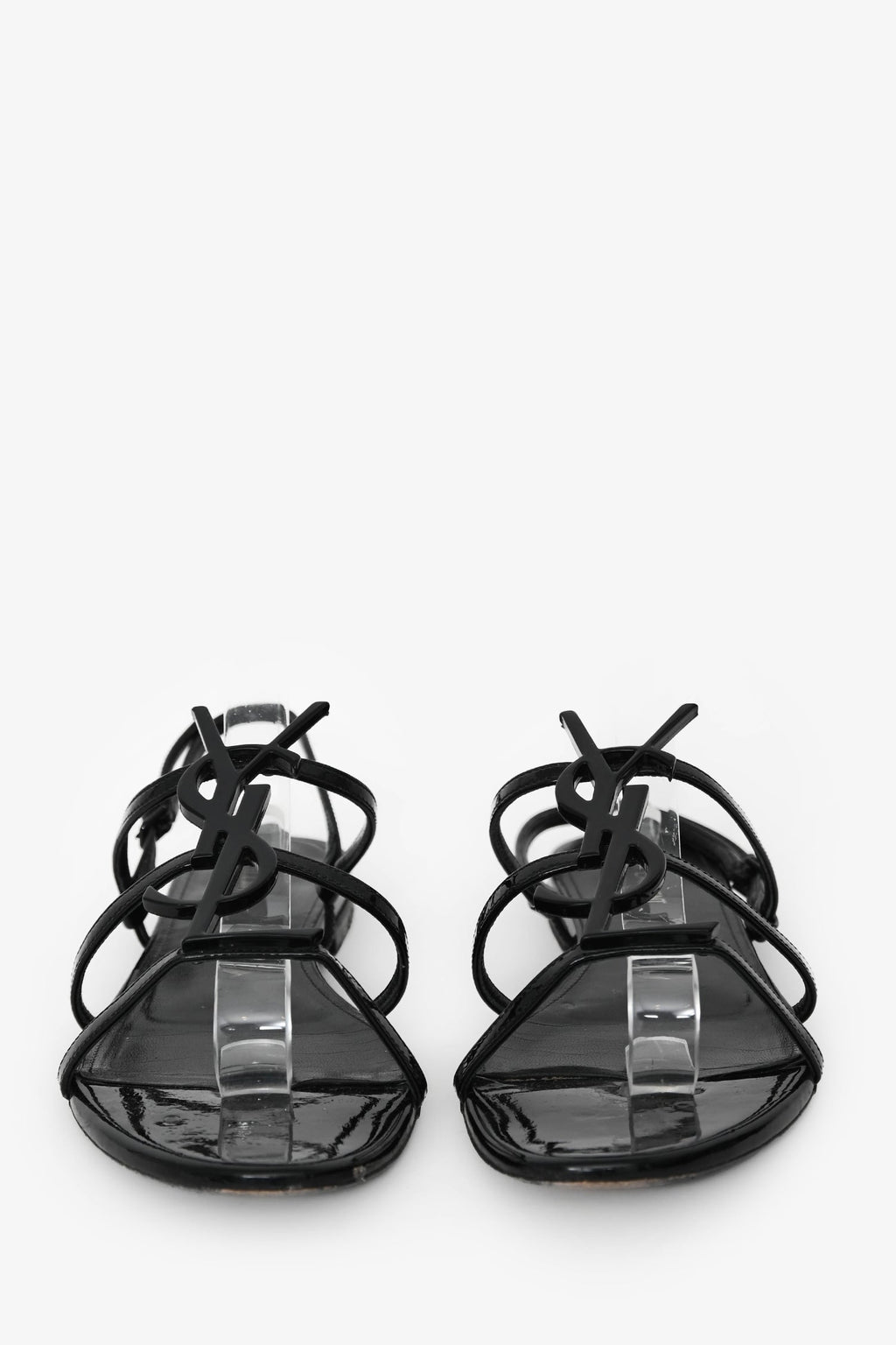 Saint Laurent Black Patent Cassandra YSL Flat Sandals Size 37.5 (As Is)