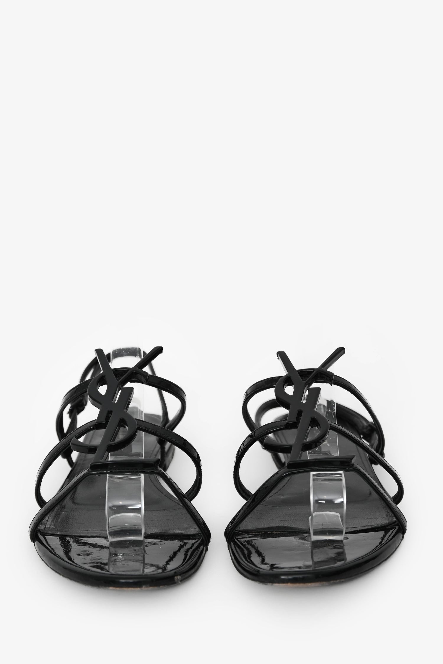 Saint Laurent Black Patent Cassandra YSL Flat Sandals Size 37.5 (As Is)