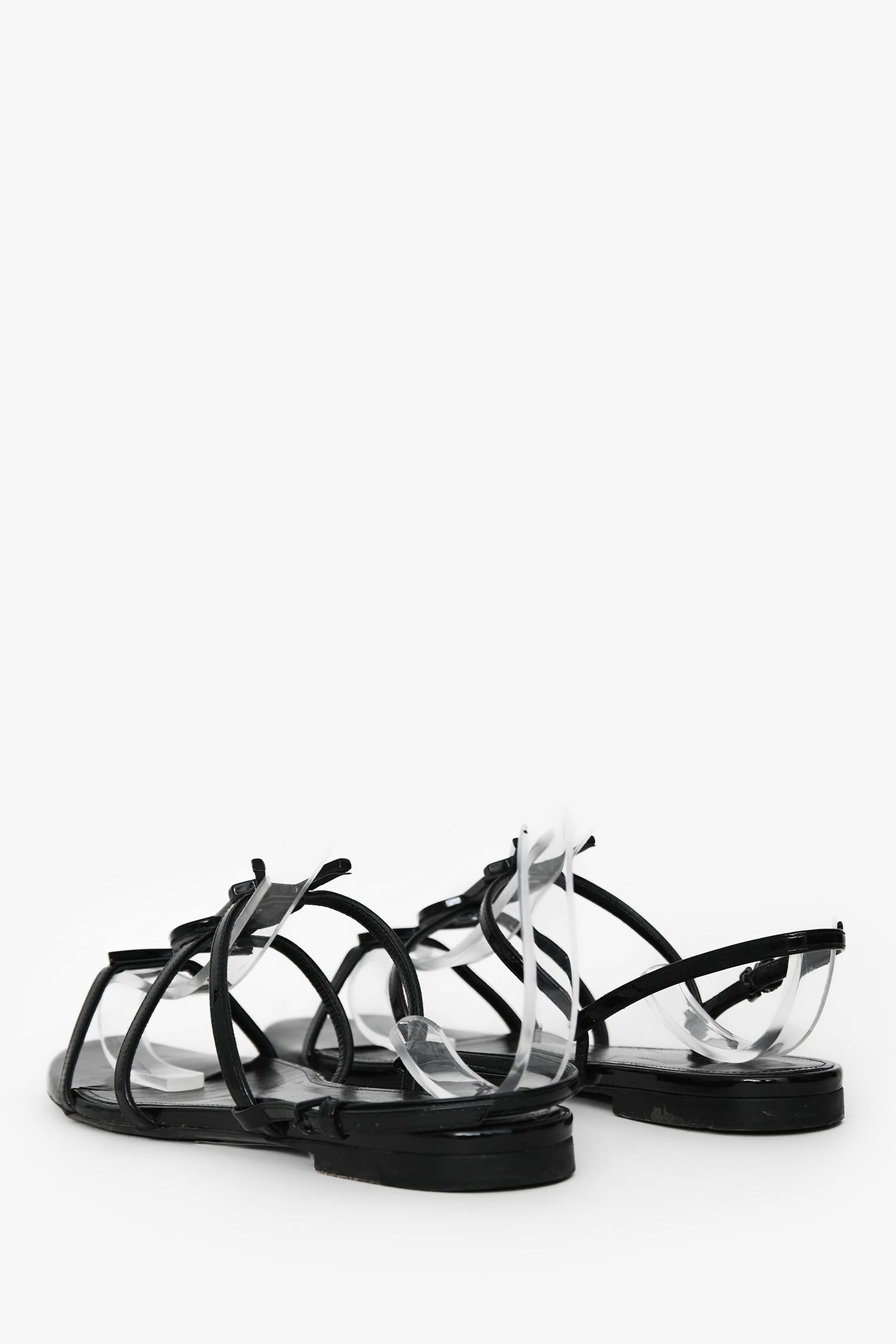 Saint Laurent Black Patent Cassandra YSL Flat Sandals Size 37.5 (As Is)