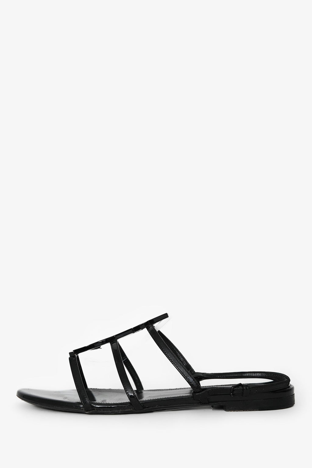 Saint Laurent Black Patent Cassandra YSL Flat Sandals Size 37.5 (As Is)