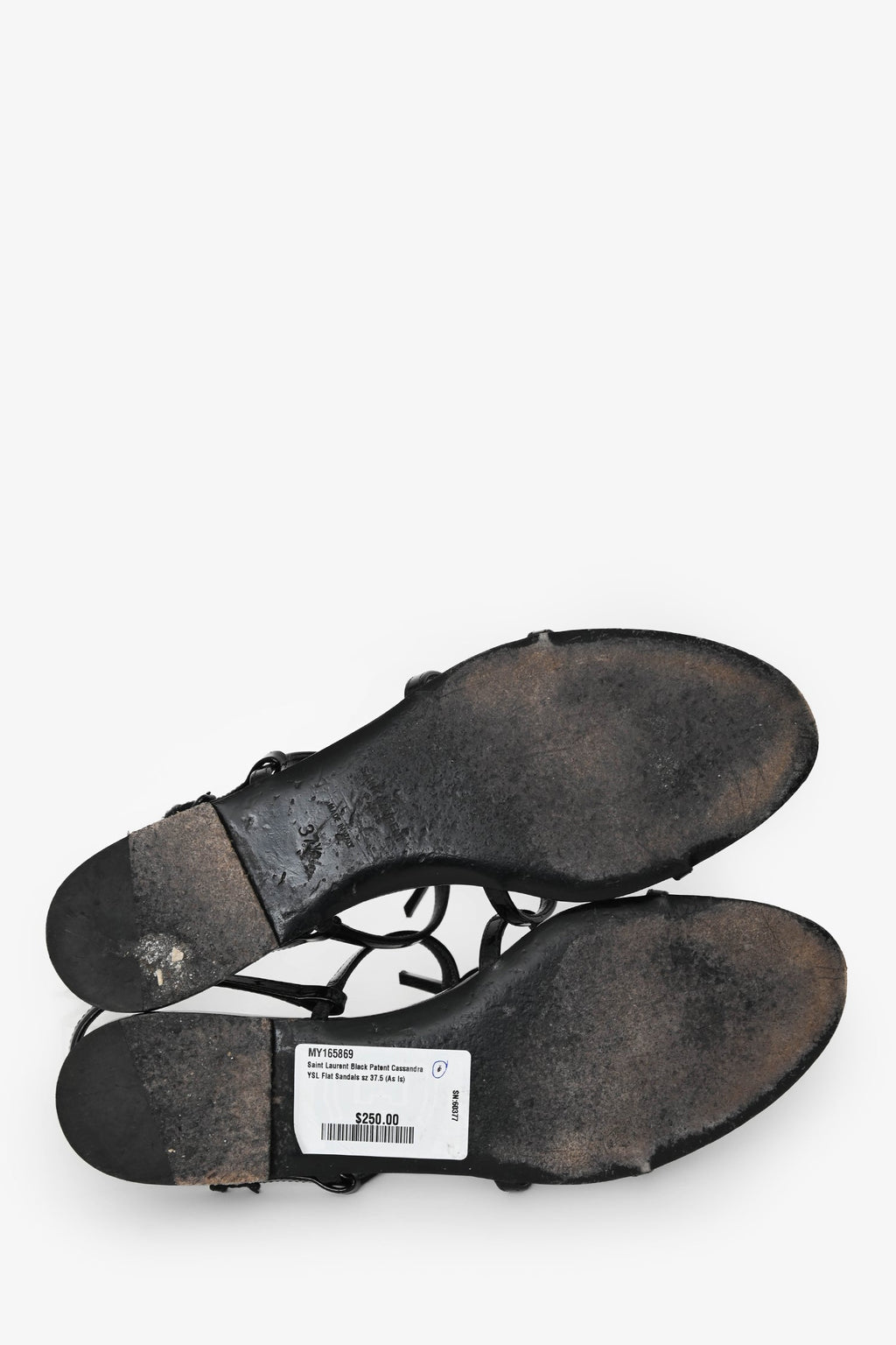 Saint Laurent Black Patent Cassandra YSL Flat Sandals Size 37.5 (As Is)