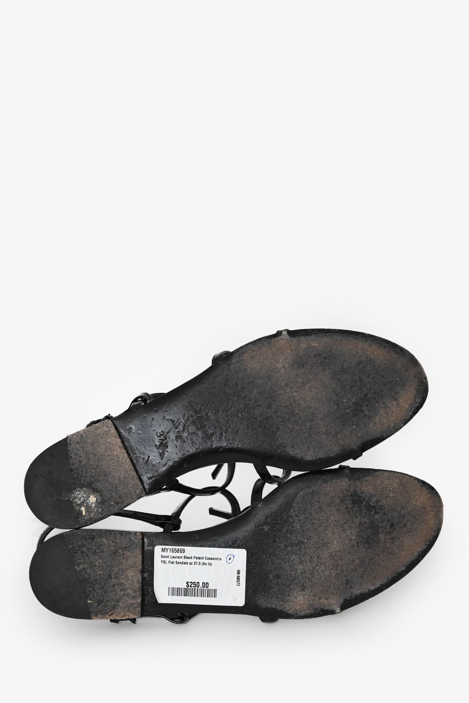 Saint Laurent Black Patent Cassandra YSL Flat Sandals Size 37.5 (As Is)