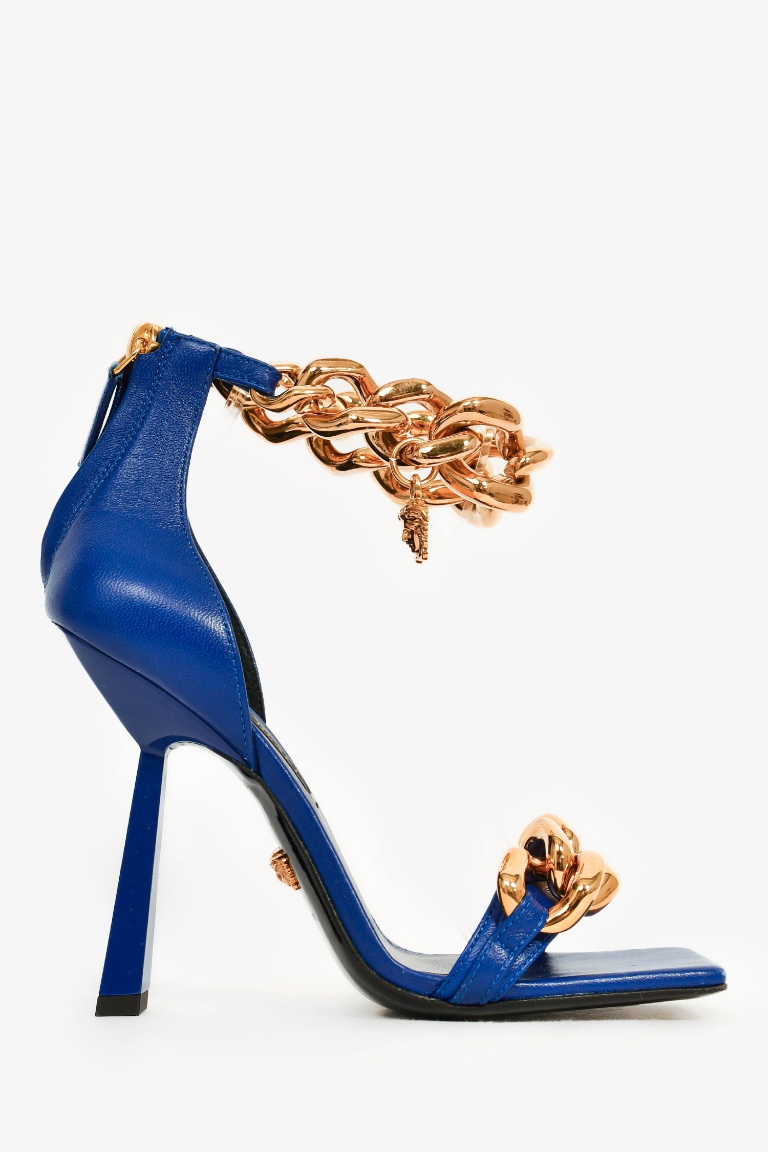 Versace Blue Leather Gold Chain Ankle Strap Heeled Sandals Size 36