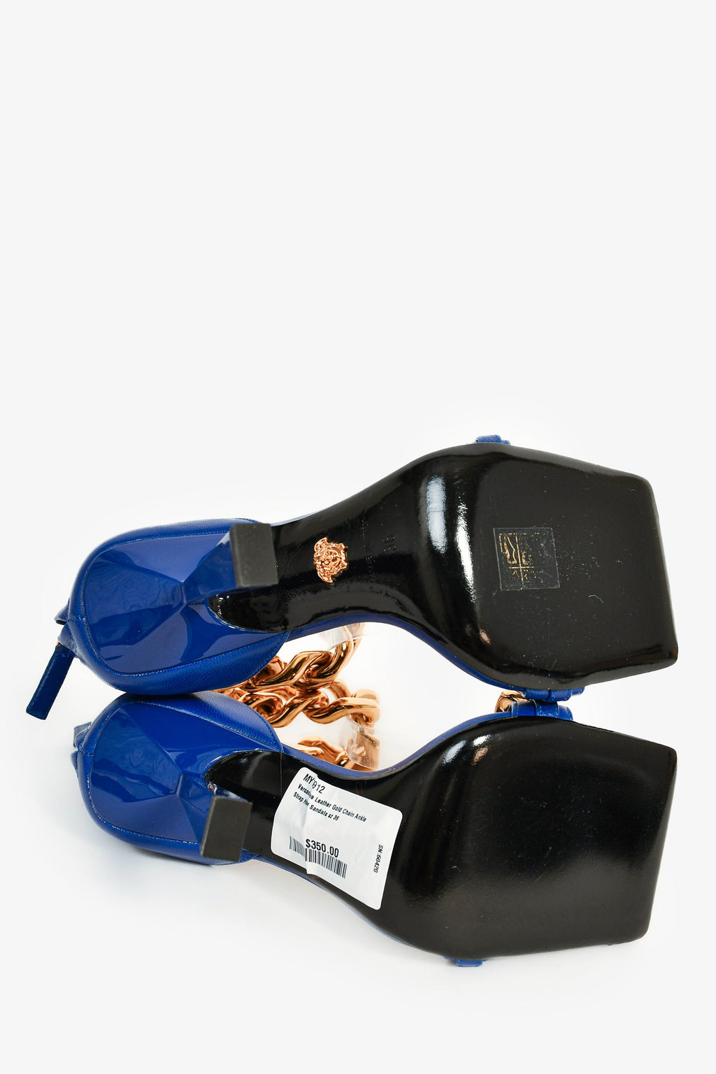 Versace Blue Leather Gold Chain Ankle Strap Heeled Sandals Size 36