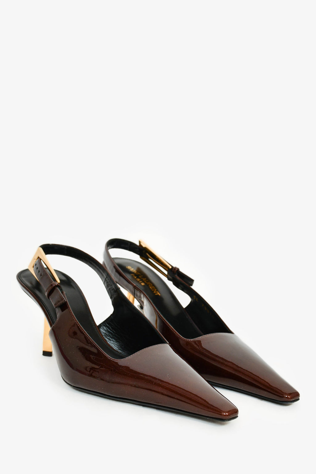 Saint Laurent Burgundy Patent Gold Slingback Heels Size 37