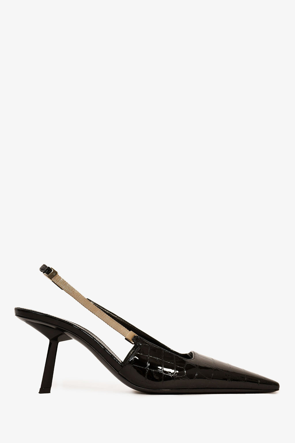 Saint Laurent Black Croc Embossed Leather Slingback Heels Size 37.5
