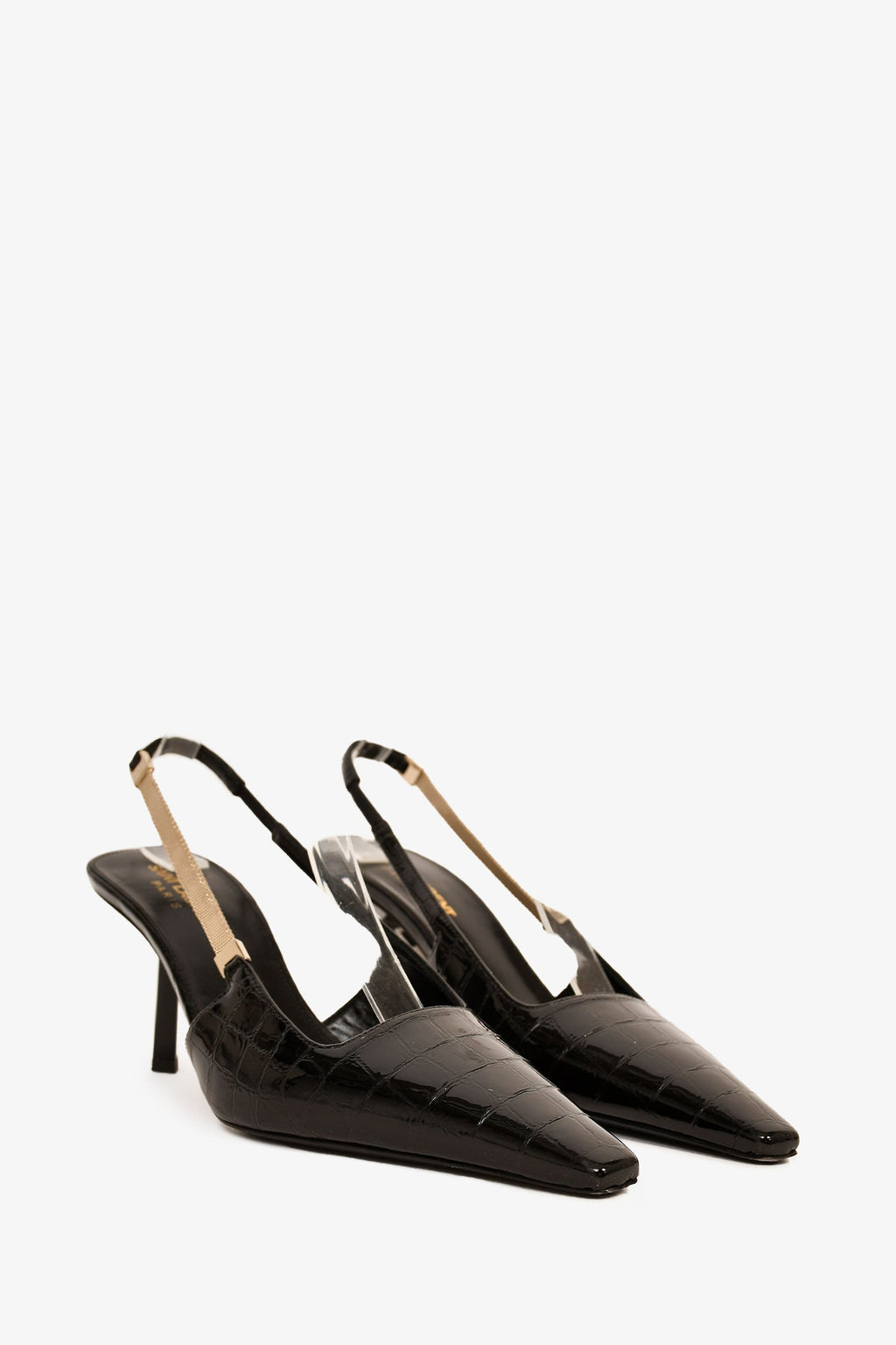 Saint Laurent Black Croc Embossed Leather Slingback Heels Size 37.5