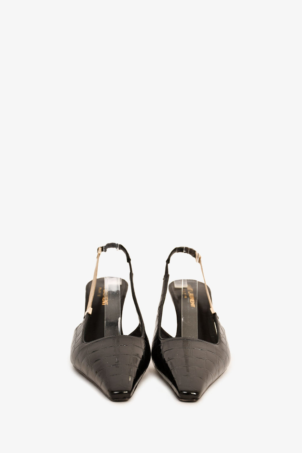 Saint Laurent Black Croc Embossed Leather Slingback Heels Size 37.5