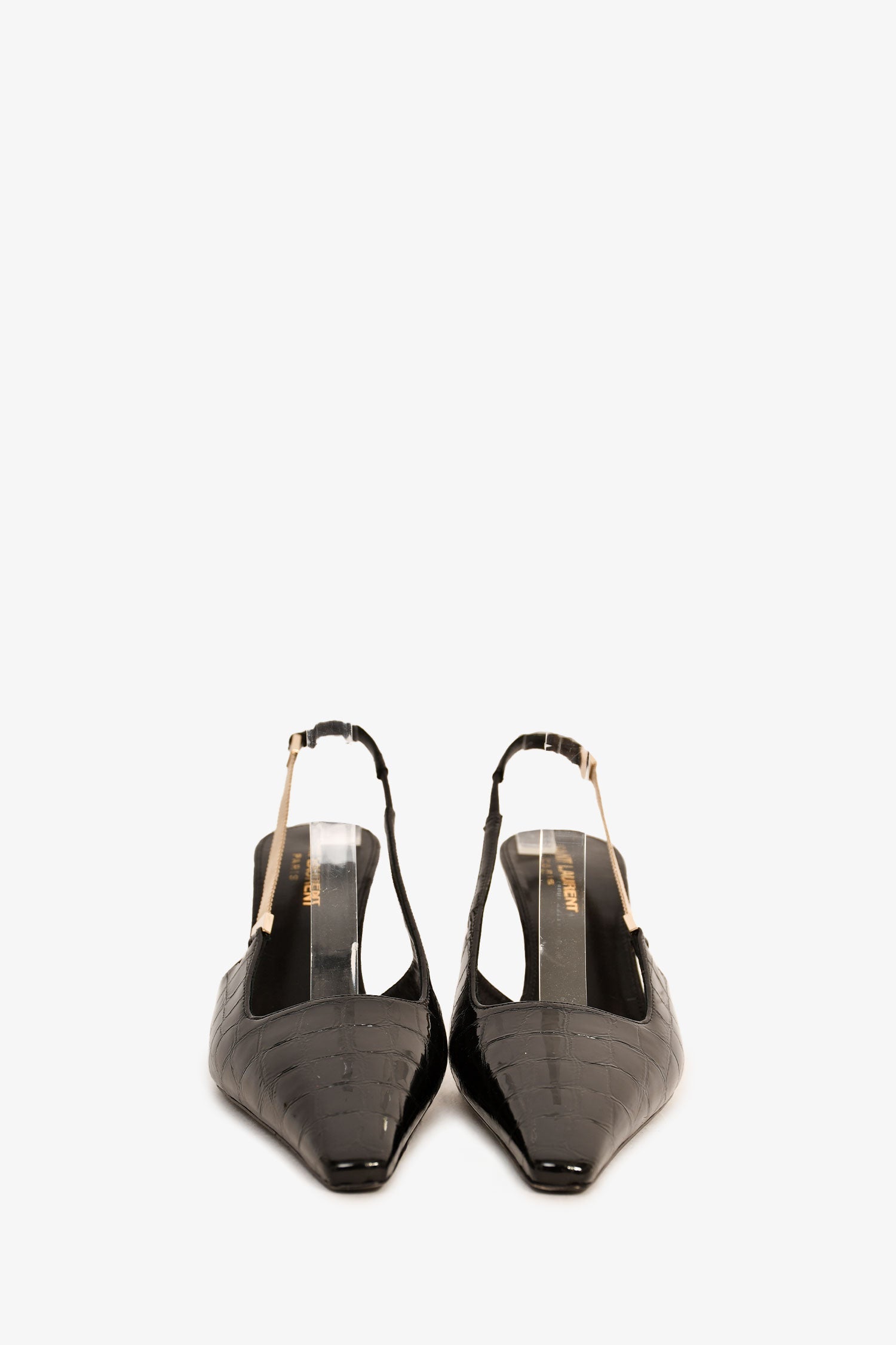 Saint Laurent Black Croc Embossed Leather Slingback Heels Size 37.5