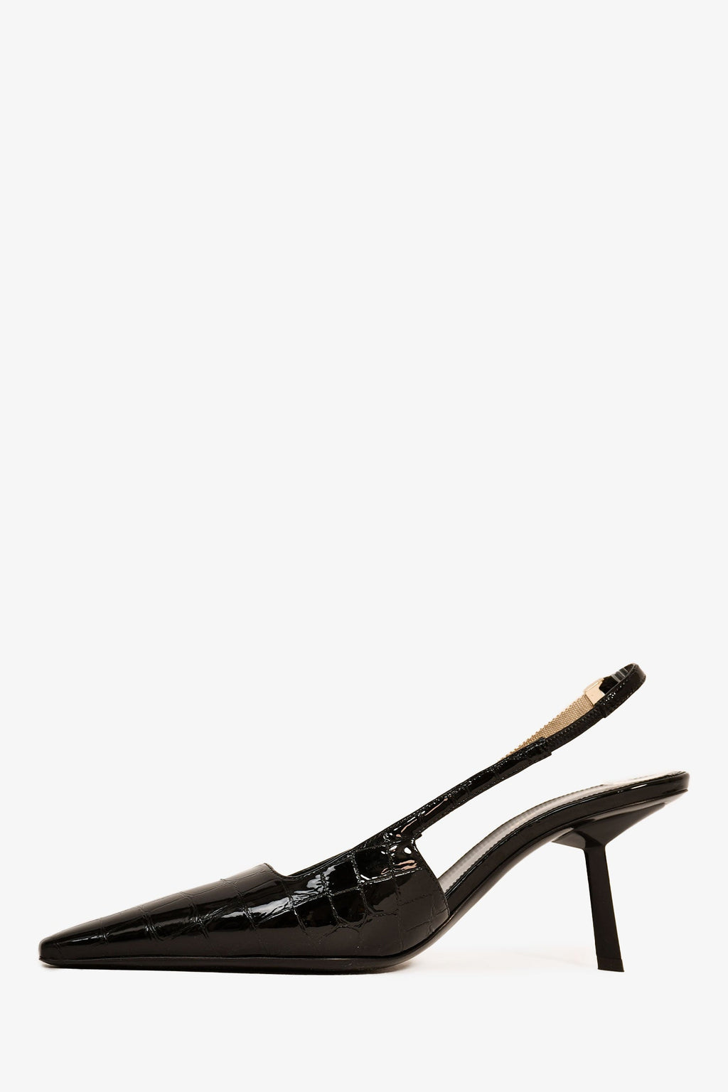 Saint Laurent Black Croc Embossed Leather Slingback Heels Size 37.5
