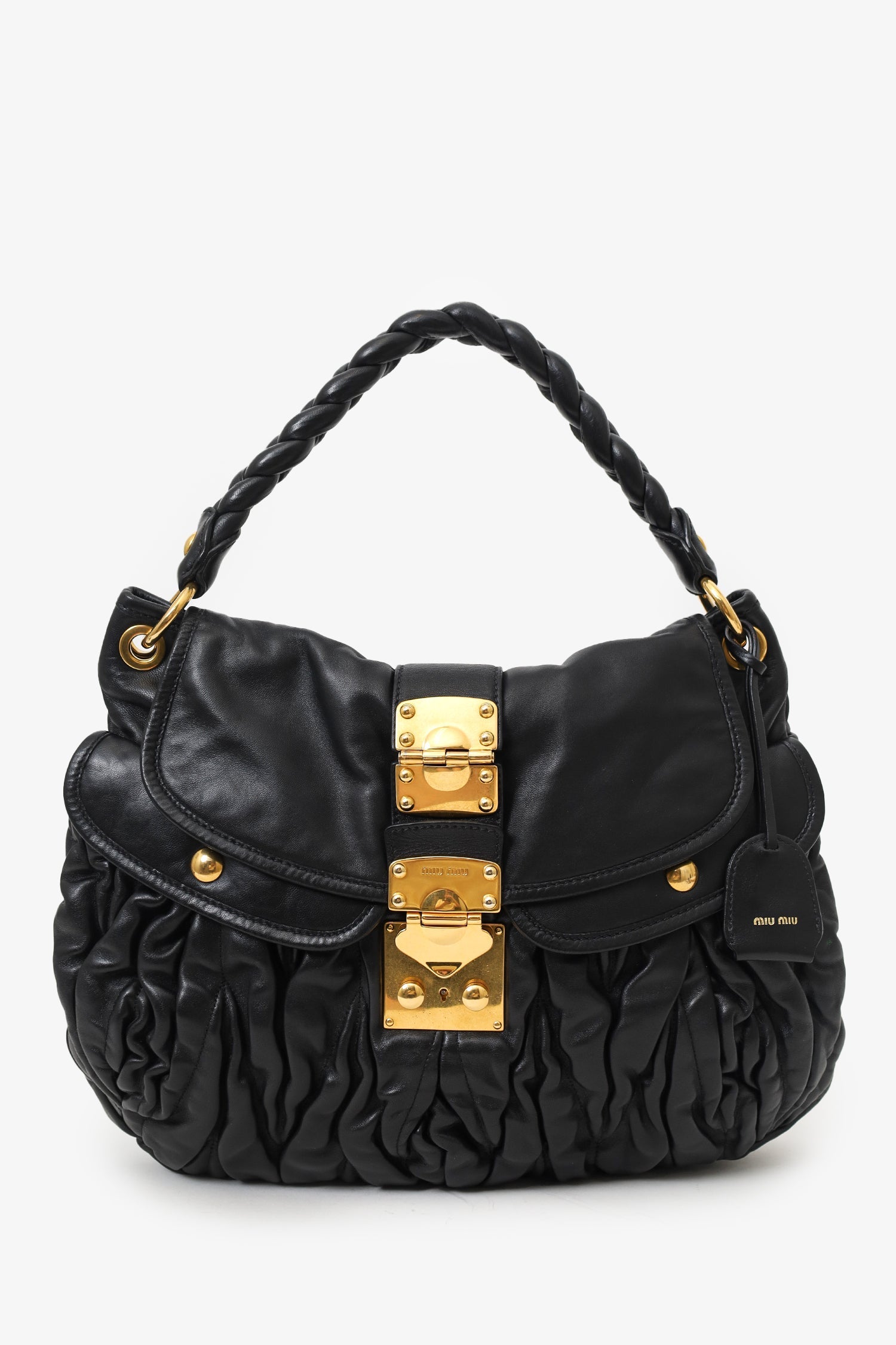 Miu Miu Black Matelasse Lambskin Leather Coffer Hobo Bag