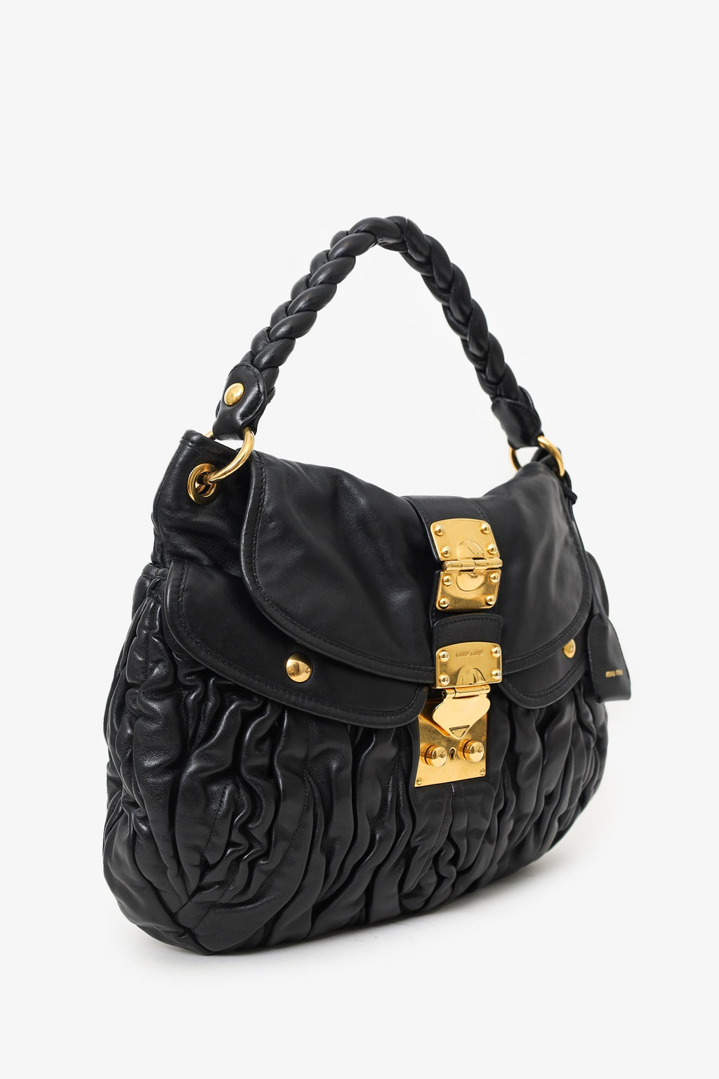 Miu Miu Black Matelasse Lambskin Leather Coffer Hobo Bag