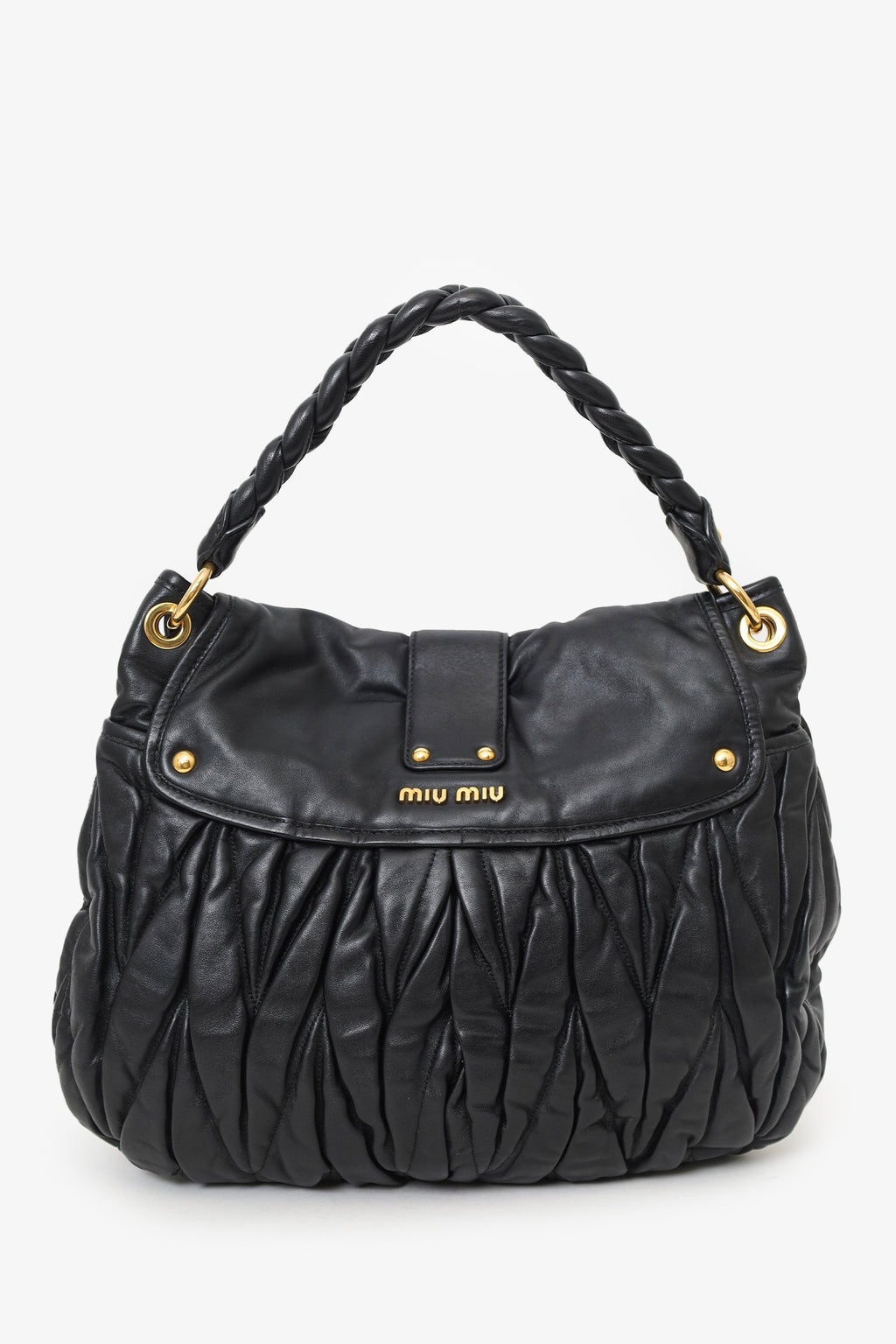 Miu Miu Black Matelasse Lambskin Leather Coffer Hobo Bag