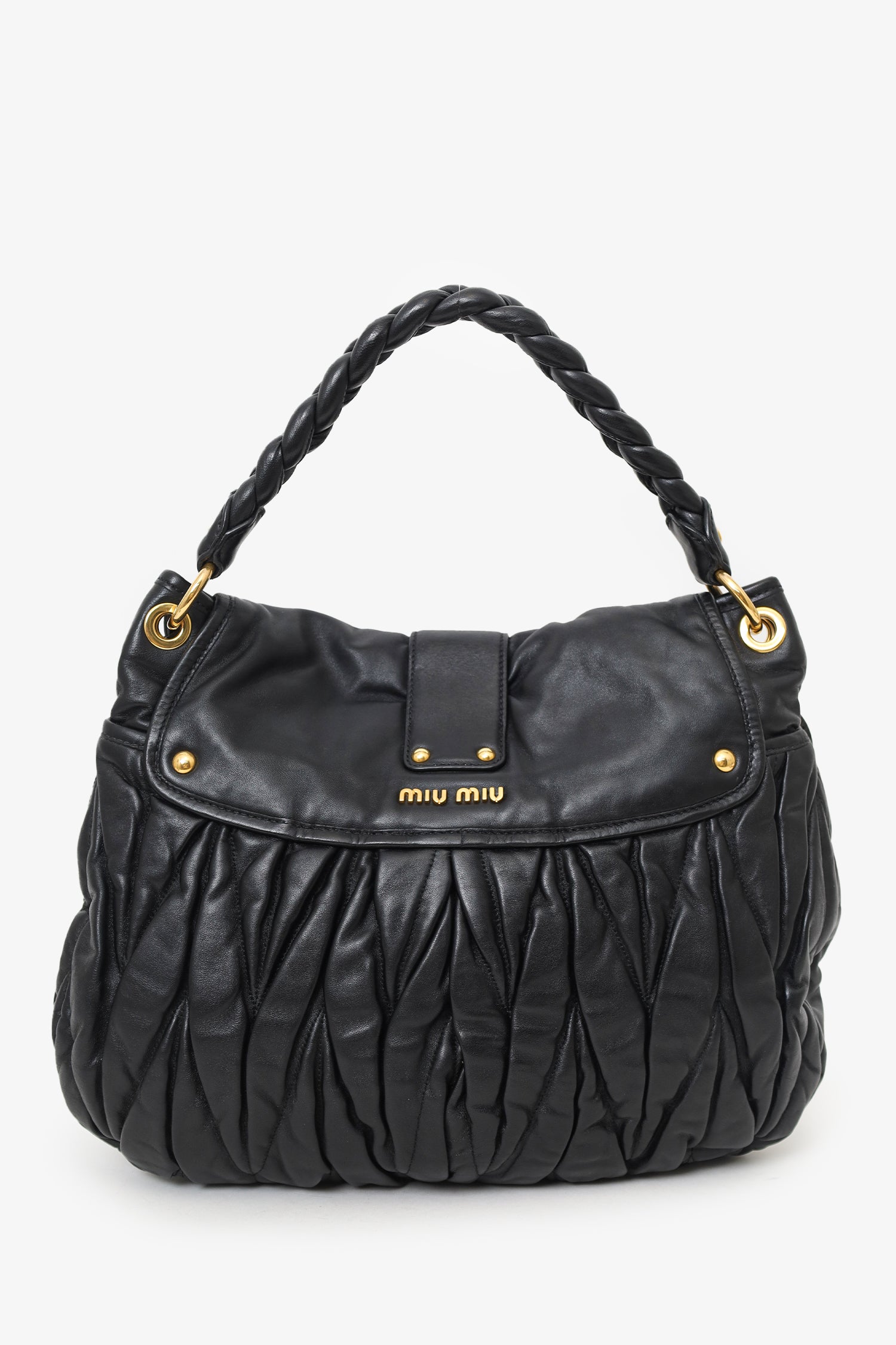 Miu Miu Black Matelasse Lambskin Leather Coffer Hobo Bag