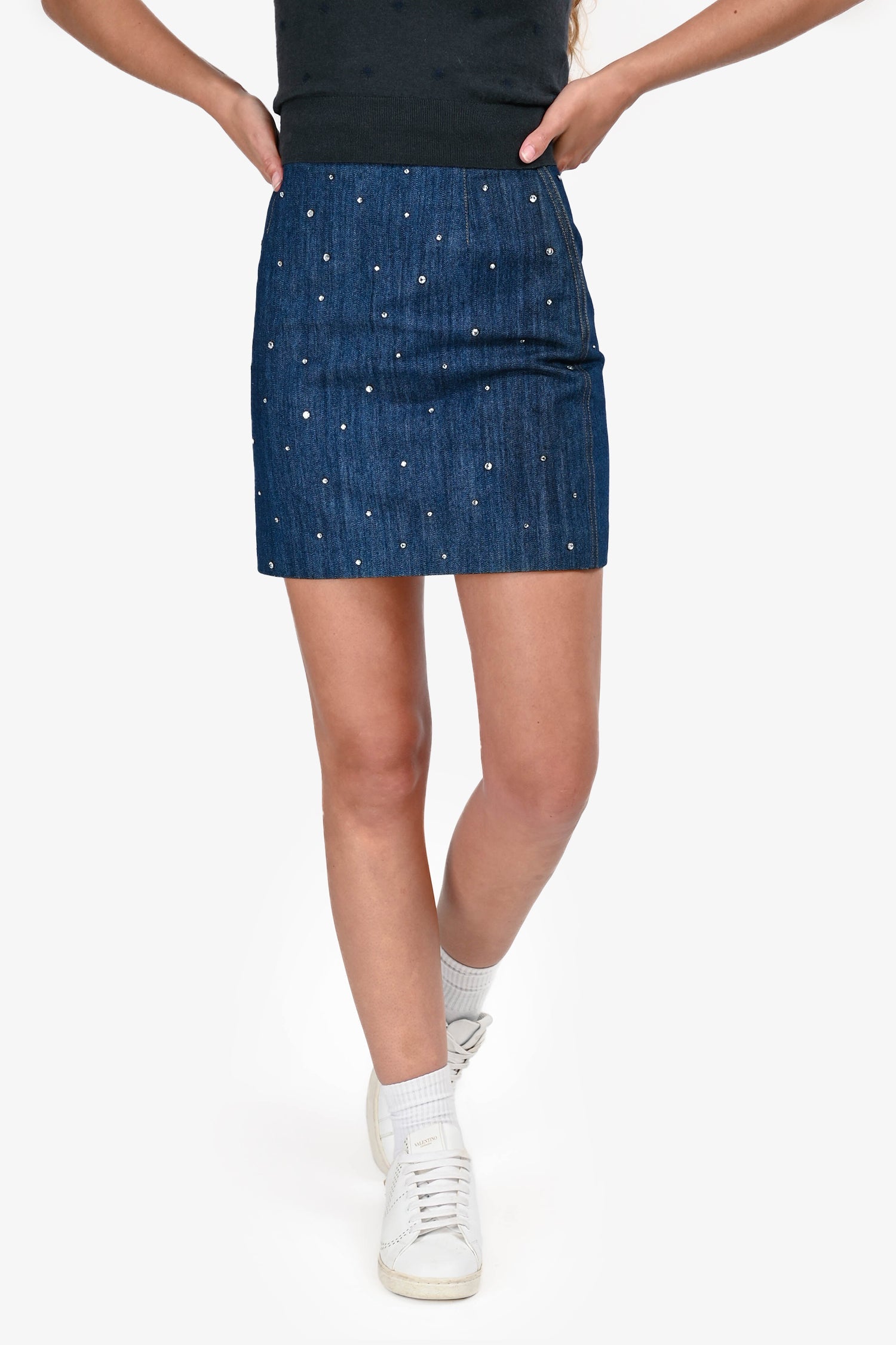 Miu Miu 2017 Dark Indigo Denim Crystal Embellished Mini Skirt Size 40
