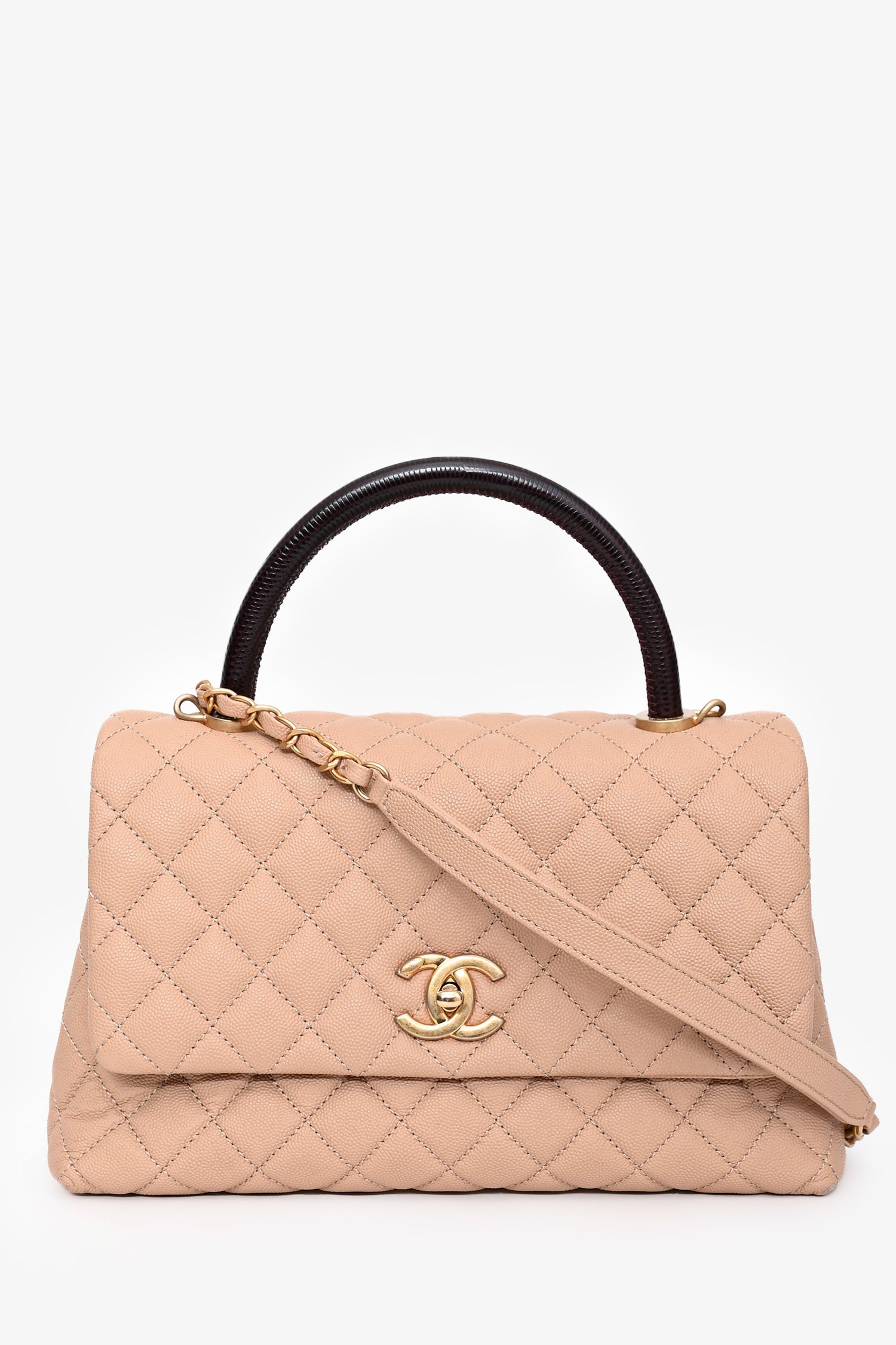 Pre-Loved Chanel™ 2019 Beige Caviar Leather Small Coco Handle with Strap