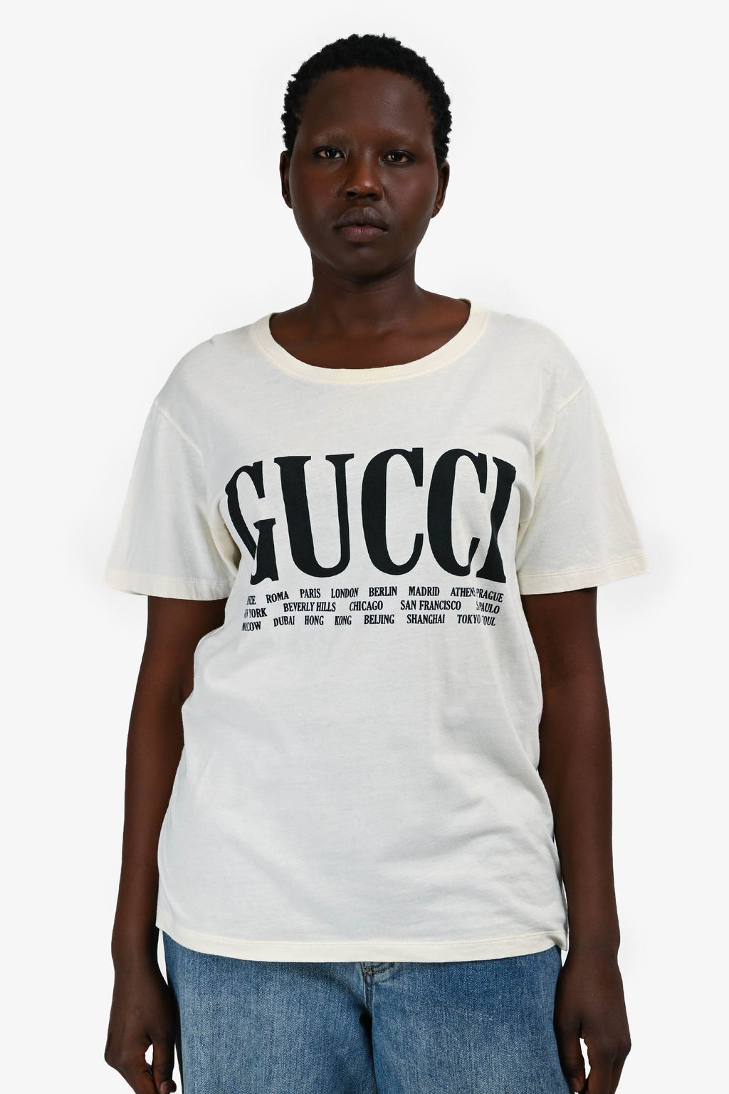 Gucci White/Black Cotton Logo City Print T-Shirt Size M