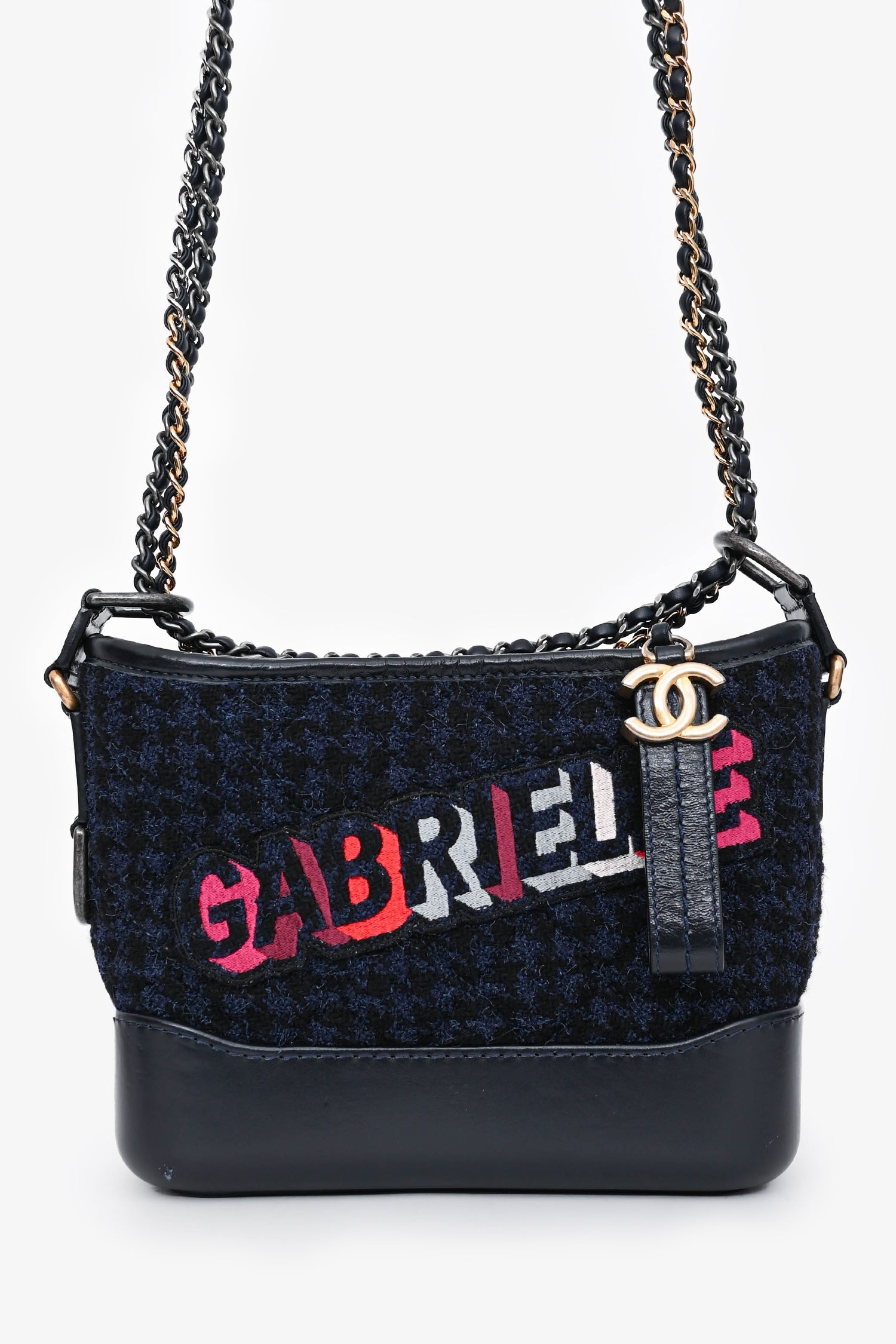 Pre-Loved Chanel 2017/18 Black Leather/Navy Tweed Small Gabrielle Shoulder Bag