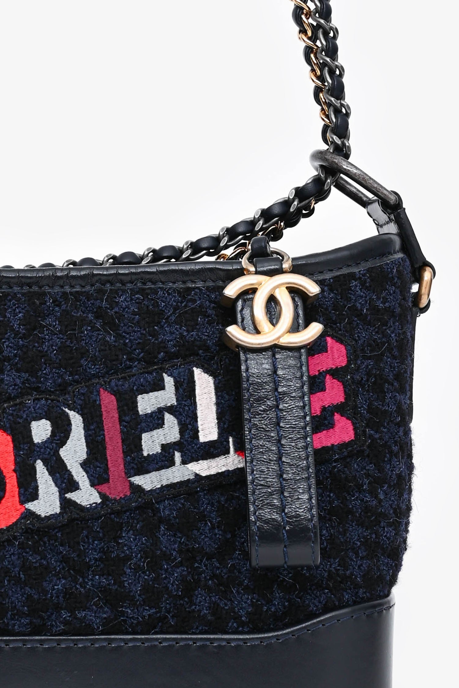 Pre-Loved Chanel 2017/18 Black Leather/Navy Tweed Small Gabrielle Shoulder Bag