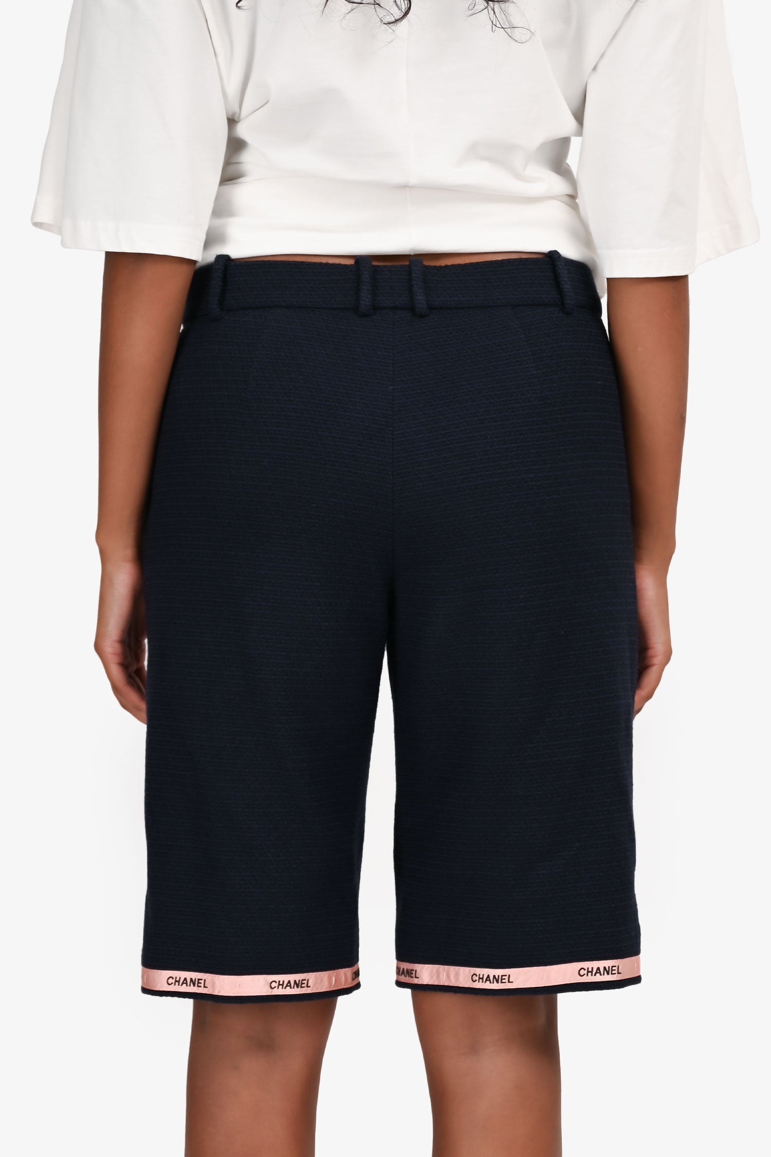 Pre-Loved Chanel™ Navy Blue Tweed/Pink Logo Ribbon Long Shorts Size 38