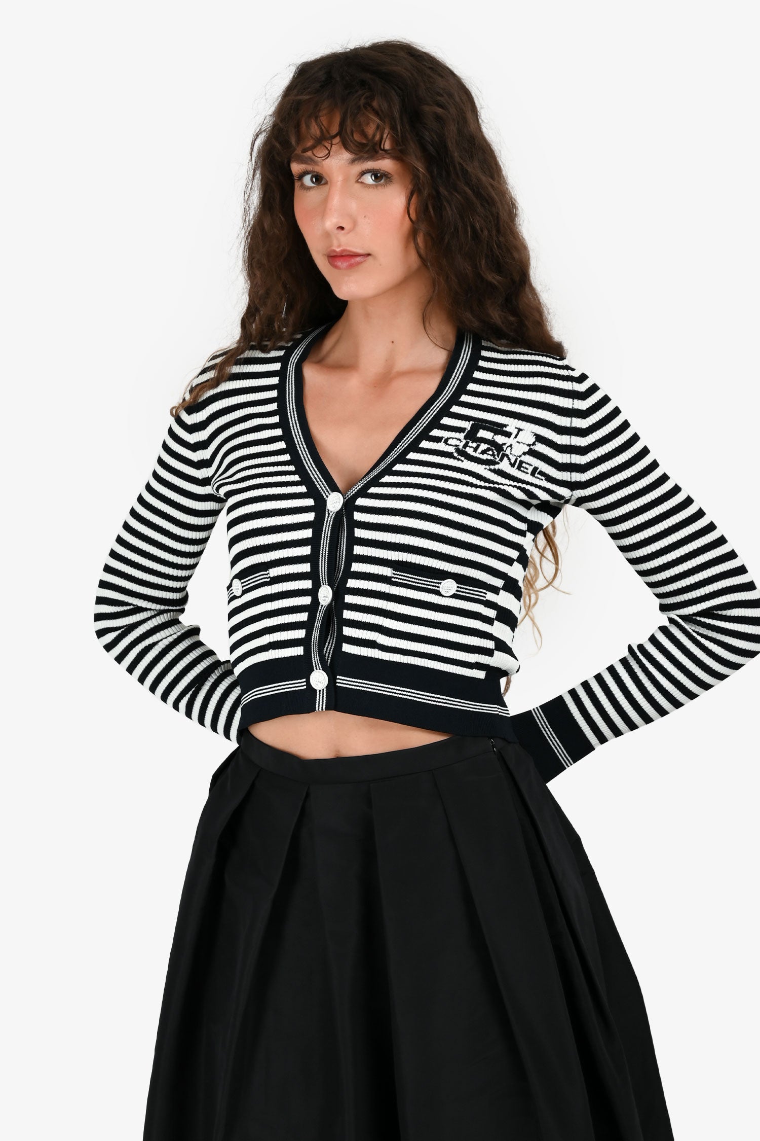 Pre-Loved Chanel™ Cruise 2023 Navy Blue/White Striped Knit igan Size 36