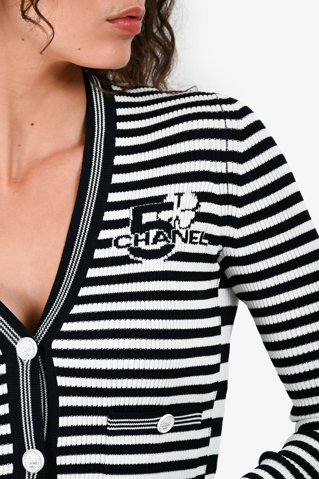 Pre-Loved Chanel™ Cruise 2023 Navy Blue/White Striped Knit igan Size 36