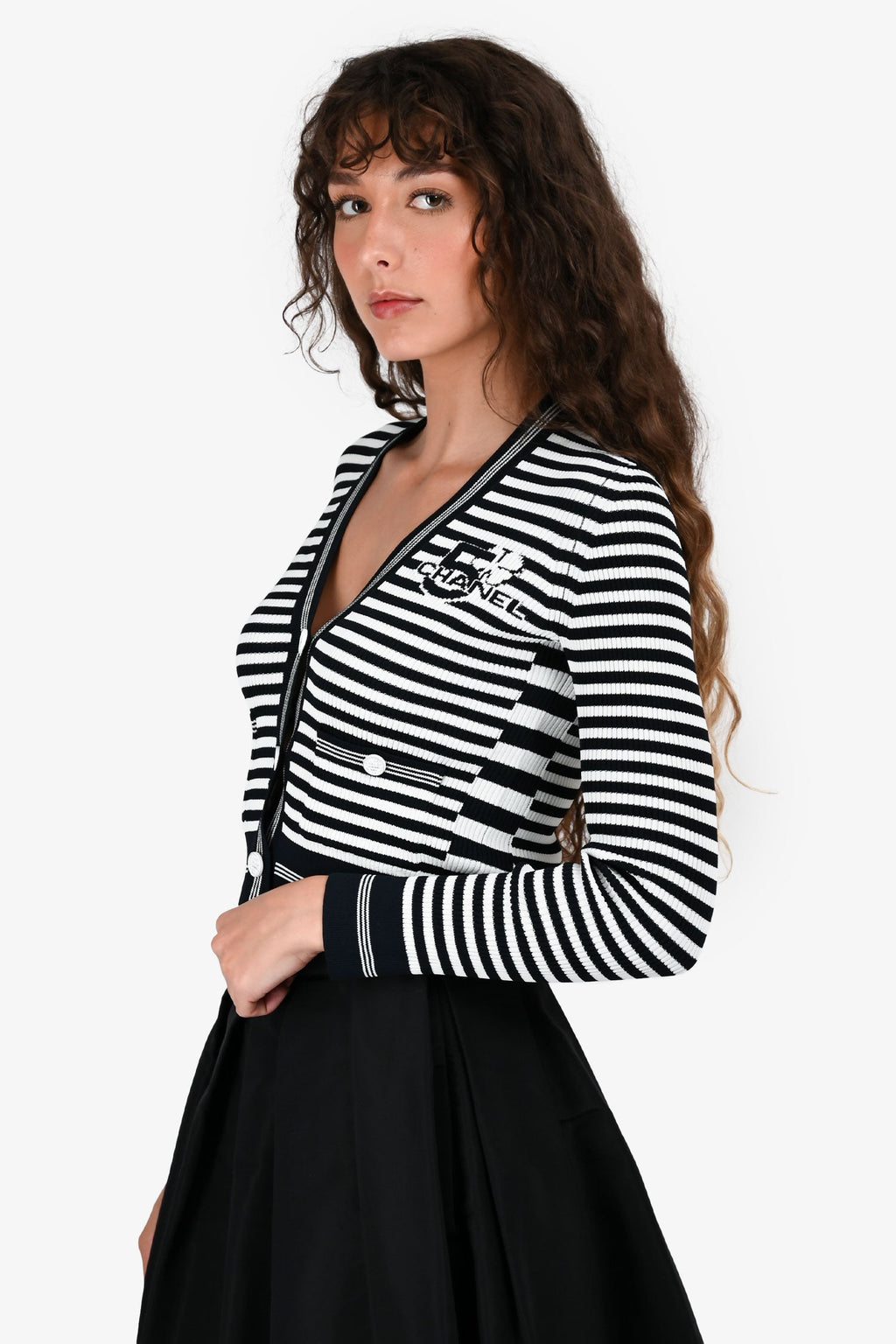 Pre-Loved Chanel™ Cruise 2023 Navy Blue/White Striped Knit igan Size 36