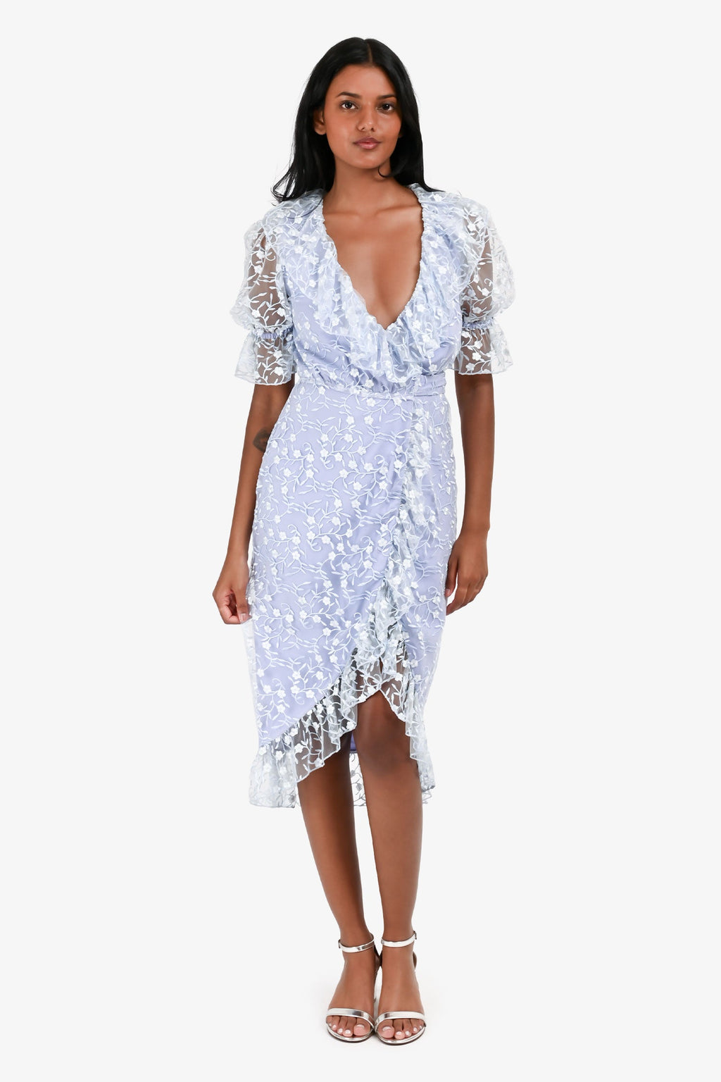 Majorelle Blue Embroidered Floral Wrap Dress Size XXS