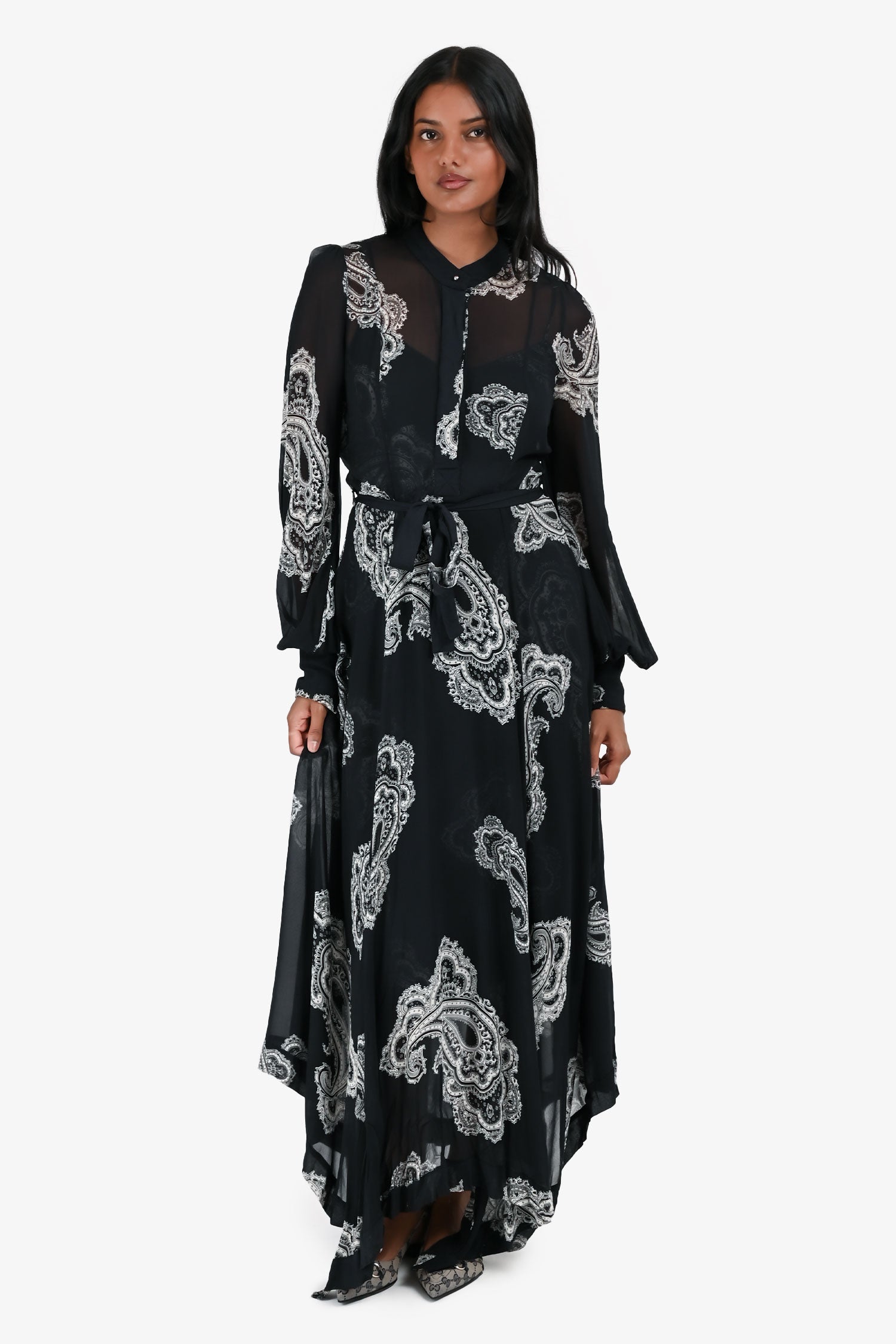 Zimmermann Navy White Paisly Print Sheer Maxi Belted Dress with Slip Size 0