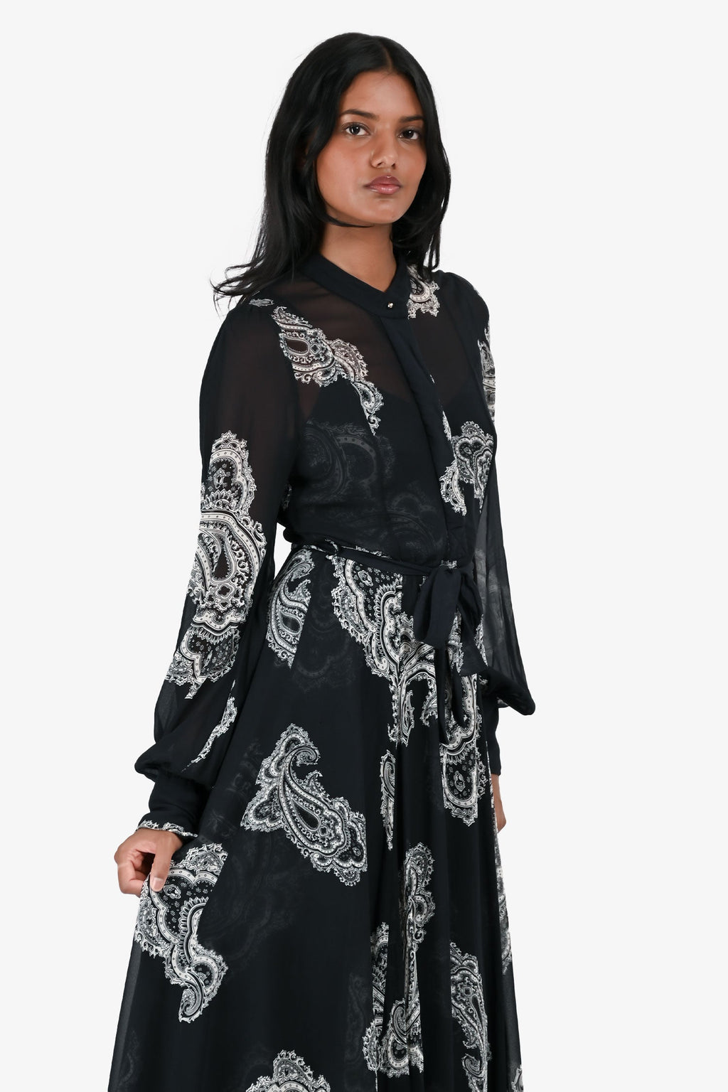 Zimmermann Navy White Paisly Print Sheer Maxi Belted Dress with Slip Size 0